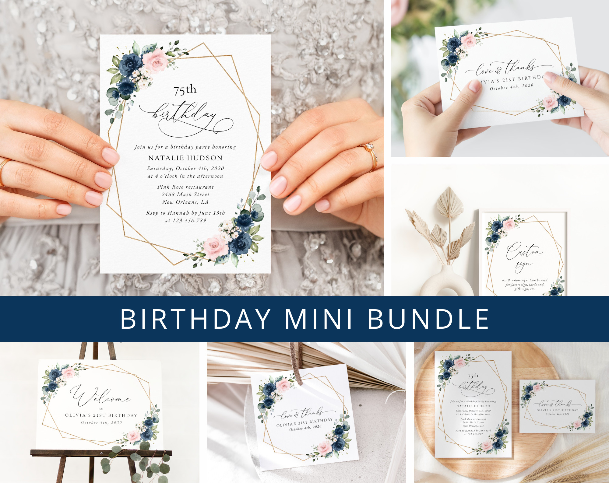Navy and Pink Flowers Birthday Mini Bundle, Girl Birthday, Any Birthday, Printable File, Edit Yourself, SH127