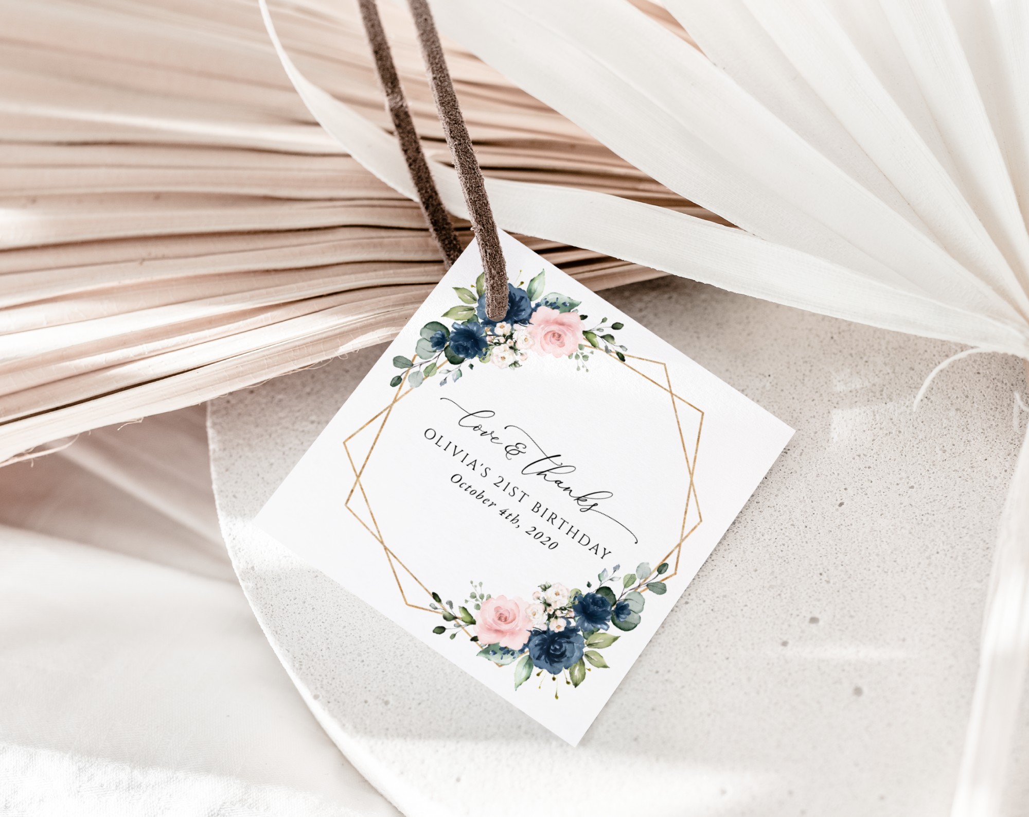 Navy and Pink Flowers Favor Tags, Gift Tags, Girl Birthday, Printable File, Edit Yourself, SH127