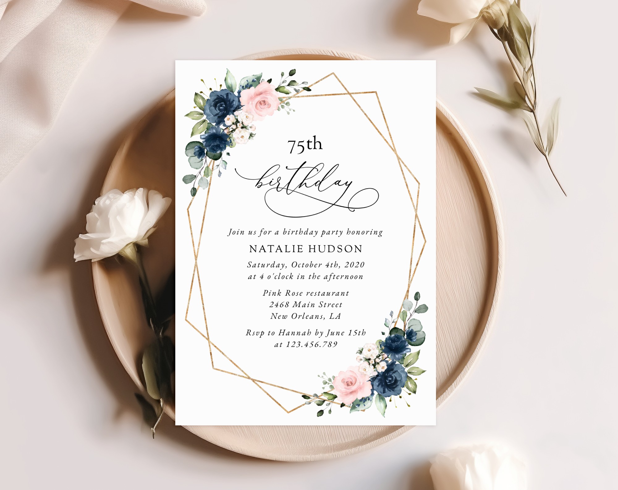 Navy and Pink Flowers Birthday Invitation, Girl Birthday, Any Birthday, Printable File, Edit Yourself, SH127