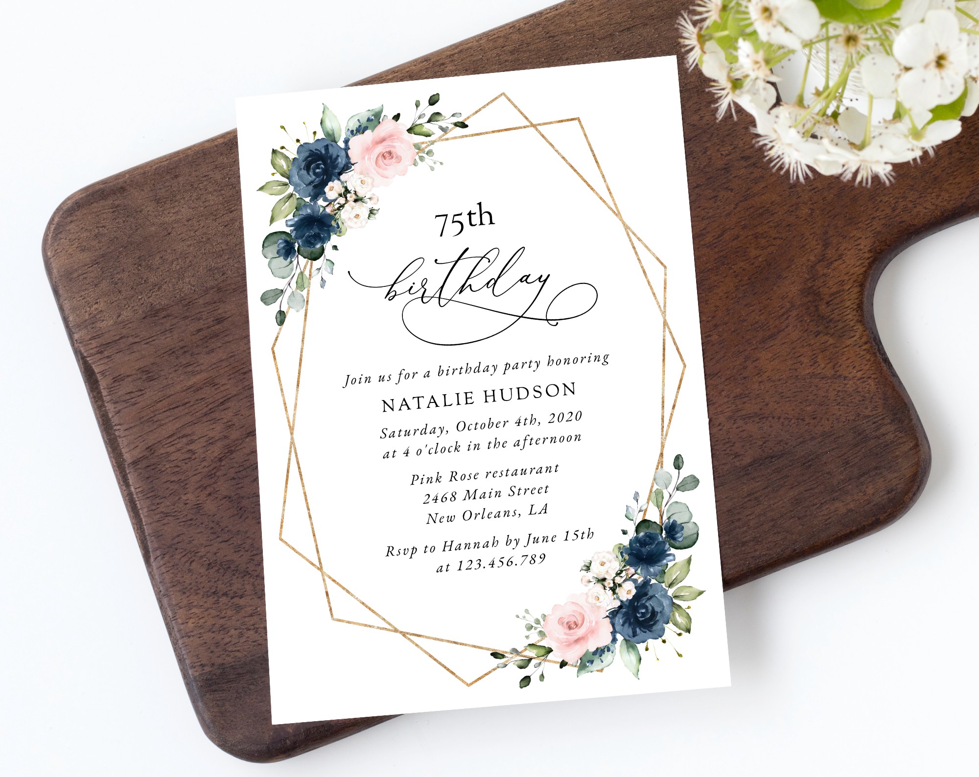 Navy and Pink Flowers Birthday Invitation, Girl Birthday, Any Birthday, Printable File, Edit Yourself, SH127