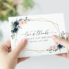 Navy and Pink Flowers Thank You Card, Girl Birthday, Printable File, Edit Yourself, SH127