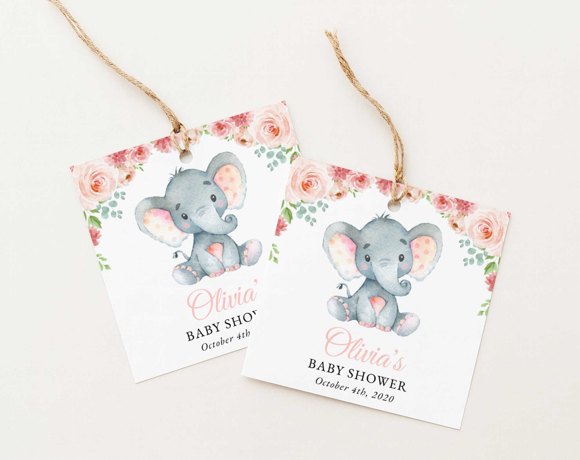 Little Elephant Favor Tags, Gift Tags, Party Tags, Girl Baby Shower, Printable File, Edit Yourself, SH07