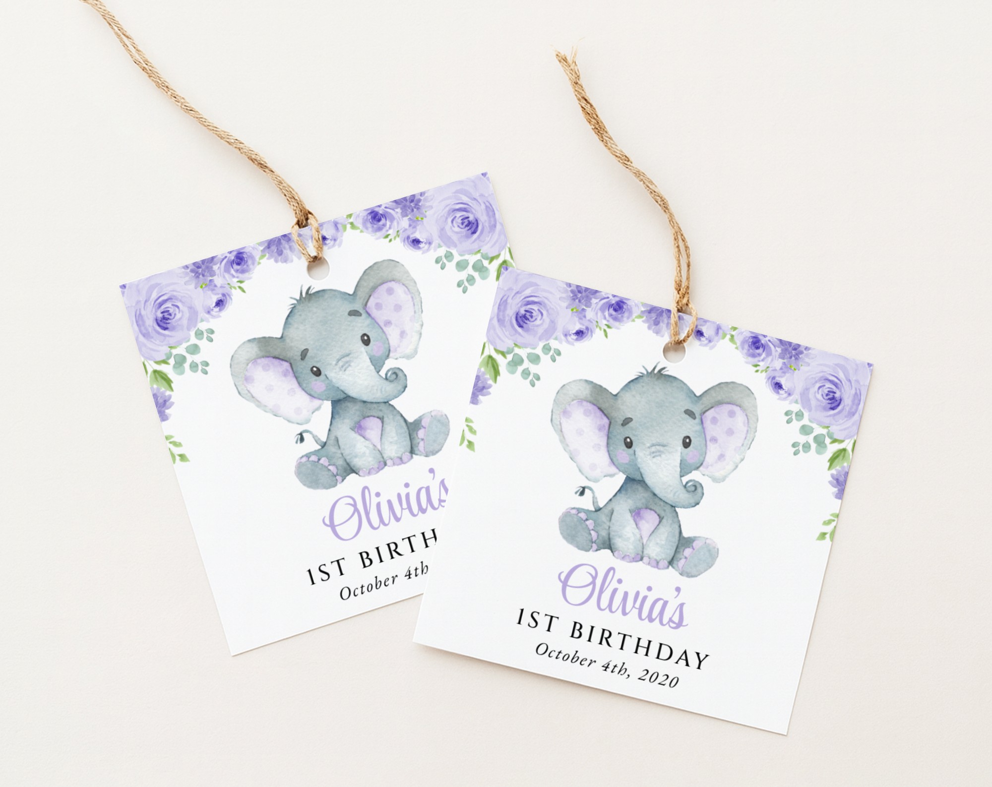 Cute Elephant Favor Tags, Gift Tags, First Birthday, Girl Birthday, Printable File, Edit Yourself, SH100