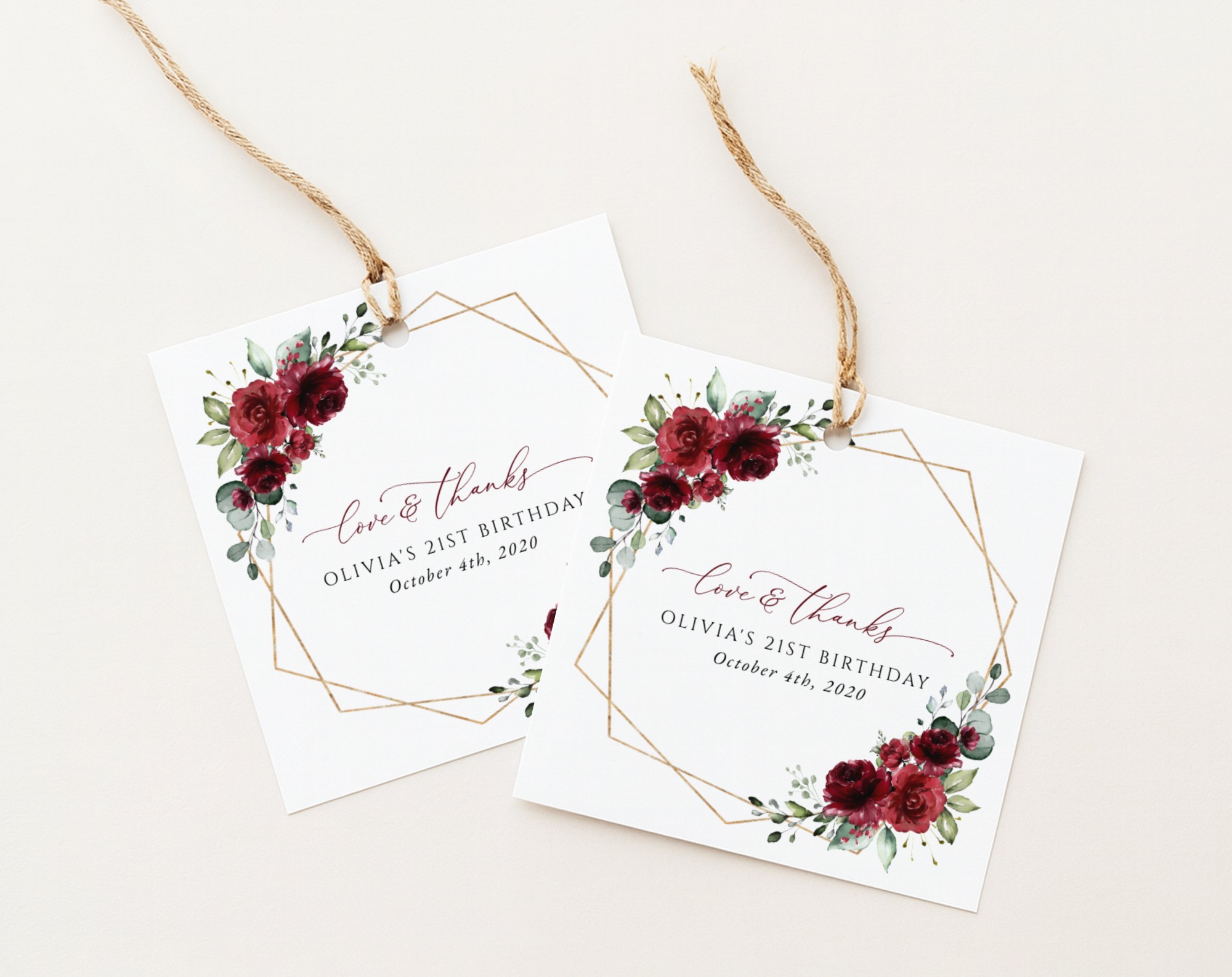 Burgundy Red Flowers Favor Tags, Gift Tags, Girl Birthday, Printable File, Edit Yourself, SH126 Burgundy Red Flowers Favor Tags, Gift Tags, Girl Birthday, Printable File, Edit Yourself, SH126