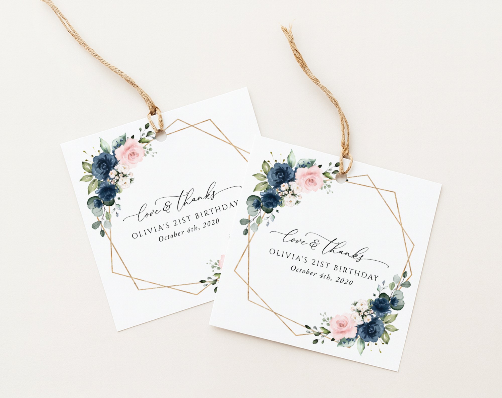 Navy and Pink Flowers Favor Tags, Gift Tags, Girl Birthday, Printable File, Edit Yourself, SH127