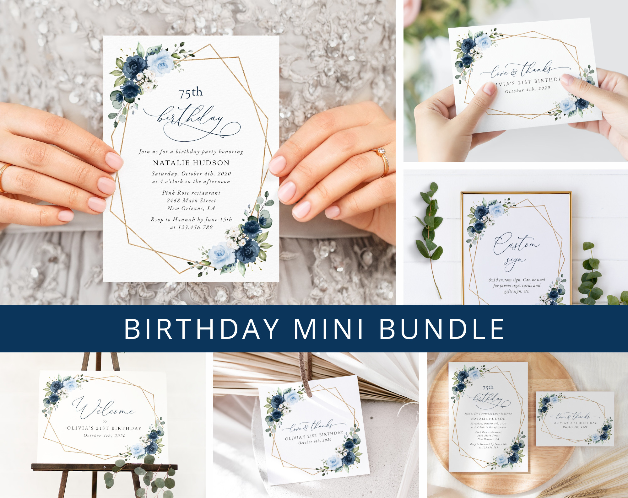 Navy and Blue Flowers Birthday Mini Bundle, Girl Birthday, Any Birthday, Printable File, Edit Yourself, SH128