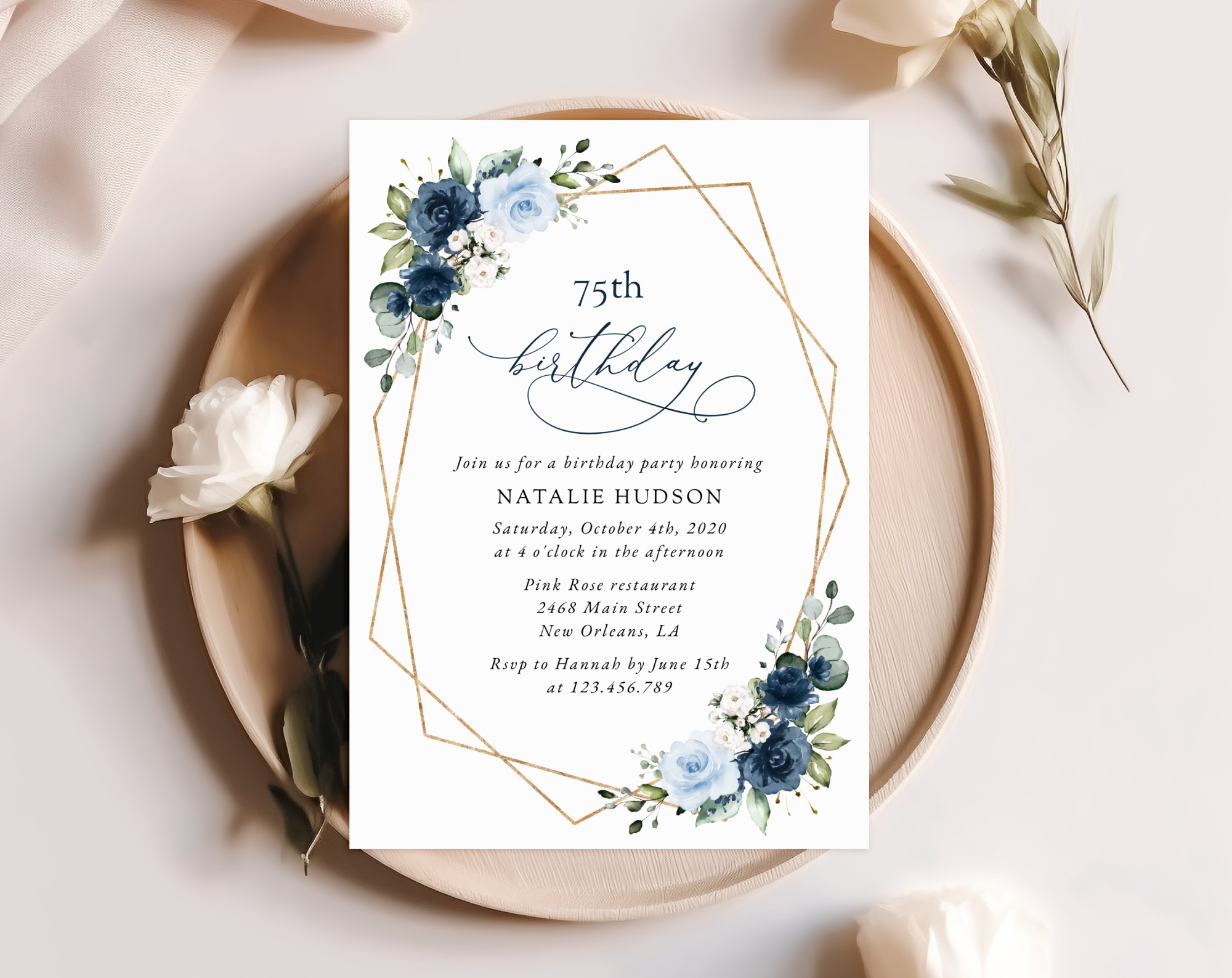 Navy and Blue Flowers Birthday Invitation, Girl Birthday, Any Birthday, Printable File, Edit Yourself, SH128