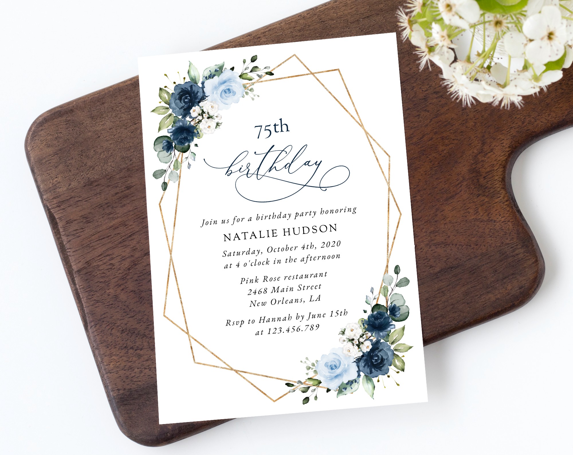 Navy and Blue Flowers Birthday Invitation, Girl Birthday, Any Birthday, Printable File, Edit Yourself, SH128