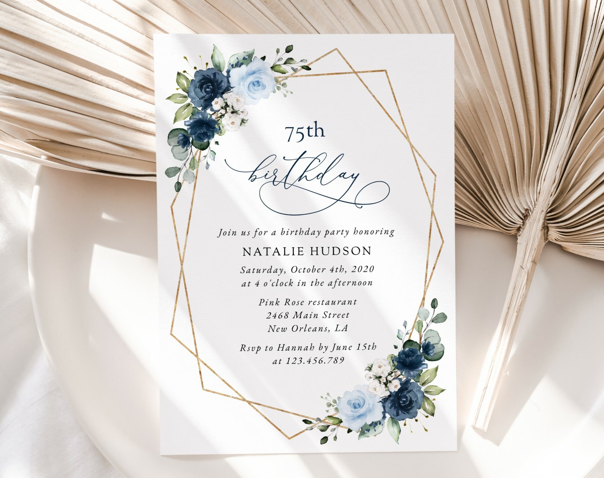 Navy and Blue Flowers Birthday Invitation, Girl Birthday, Any Birthday, Printable File, Edit Yourself, SH128