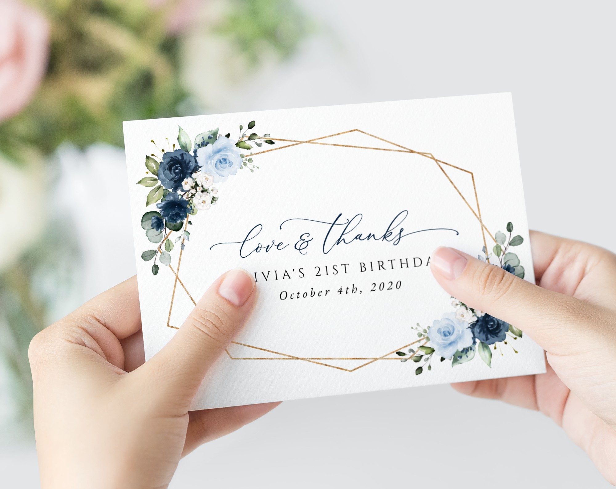 Navy and Blue Flowers Thank You Card, Girl Birthday, Printable File, Edit Yourself, SH128