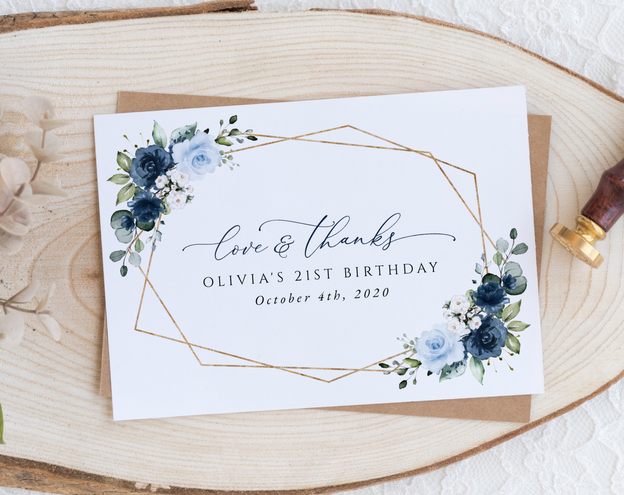 Navy and Blue Flowers Thank You Card, Girl Birthday, Printable File, Edit Yourself, SH128 Navy and Blue Flowers Thank You Card, Girl Birthday, Printable File, Edit Yourself, SH128