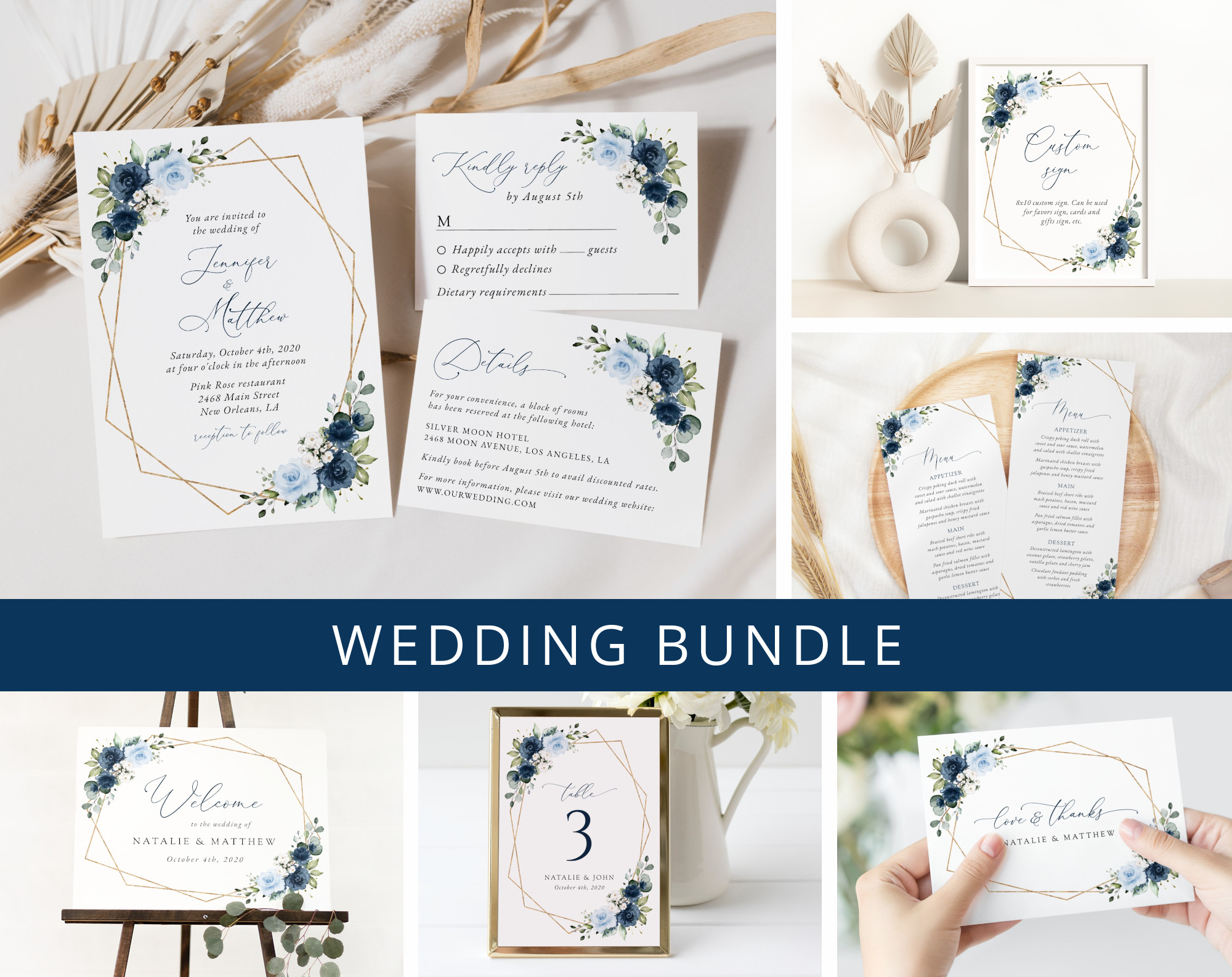 Navy and Blue Flowers Wedding Bundle, Printable File, Edit Yourself, SH129