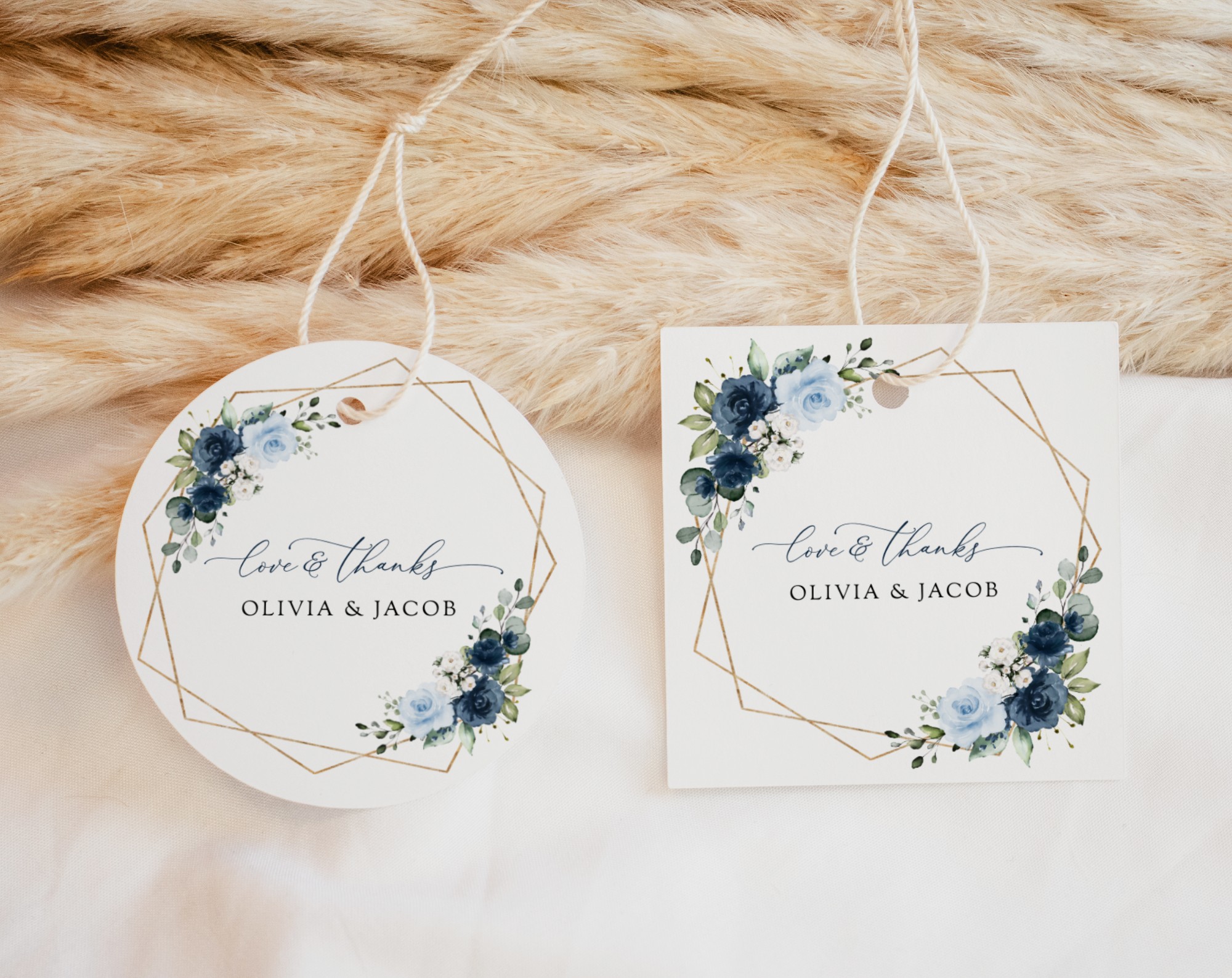 Navy and Blue Flowers Favor Tags, Gift Tags, Party Tags, Wedding, Printable File, Edit Yourself, SH129