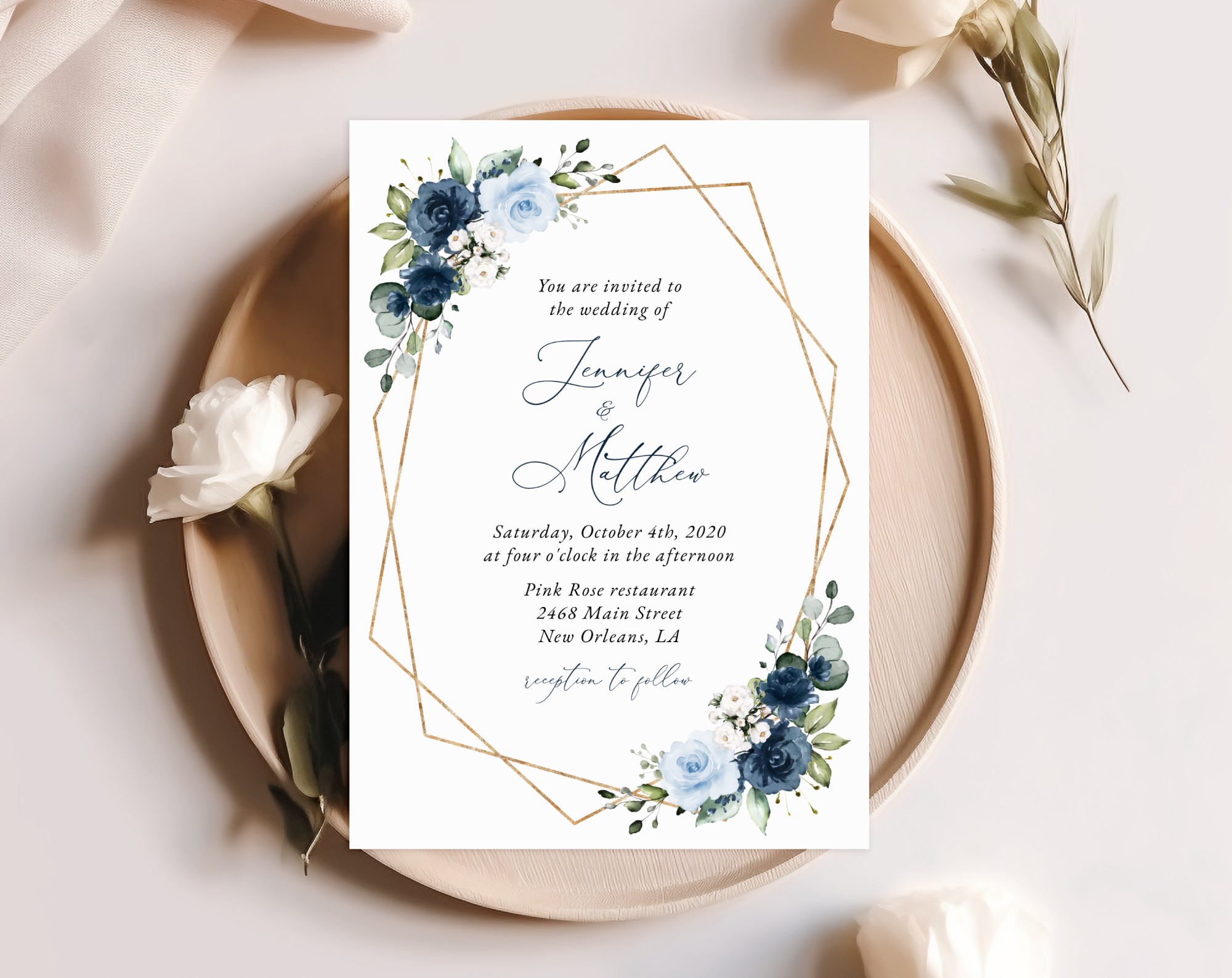 Navy and Blue Flowers Wedding Invitation, Wedding Stationery, Printable File, Edit Yourself, SH129