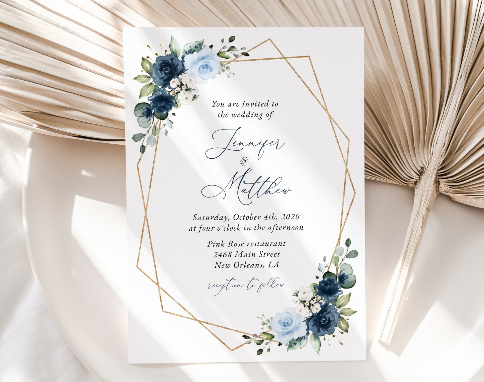 Navy and Blue Flowers Wedding Invitation, Wedding Stationery, Printable File, Edit Yourself, SH129