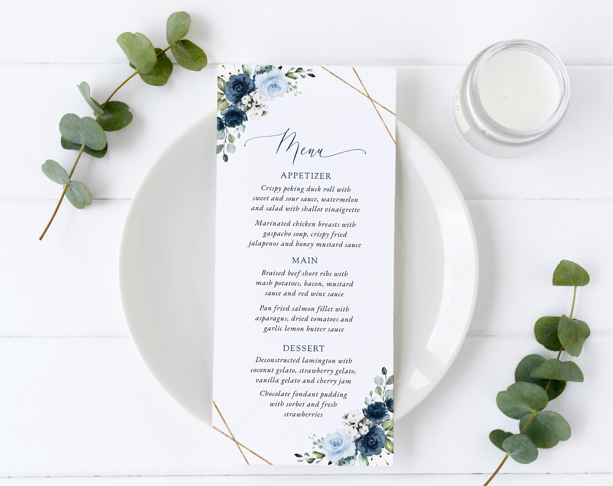Navy and Blue Flowers Wedding Menu, Wedding Stationery, Printable File, Edit Yourself, SH129