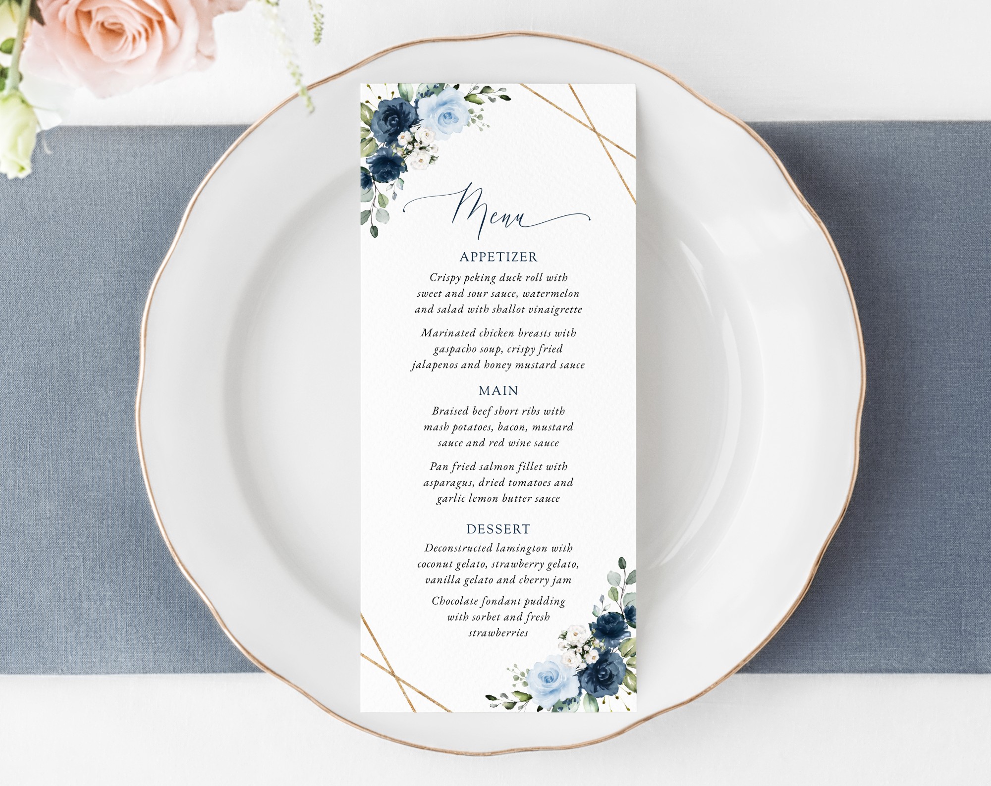 Navy and Blue Flowers Wedding Menu, Wedding Stationery, Printable File, Edit Yourself, SH129