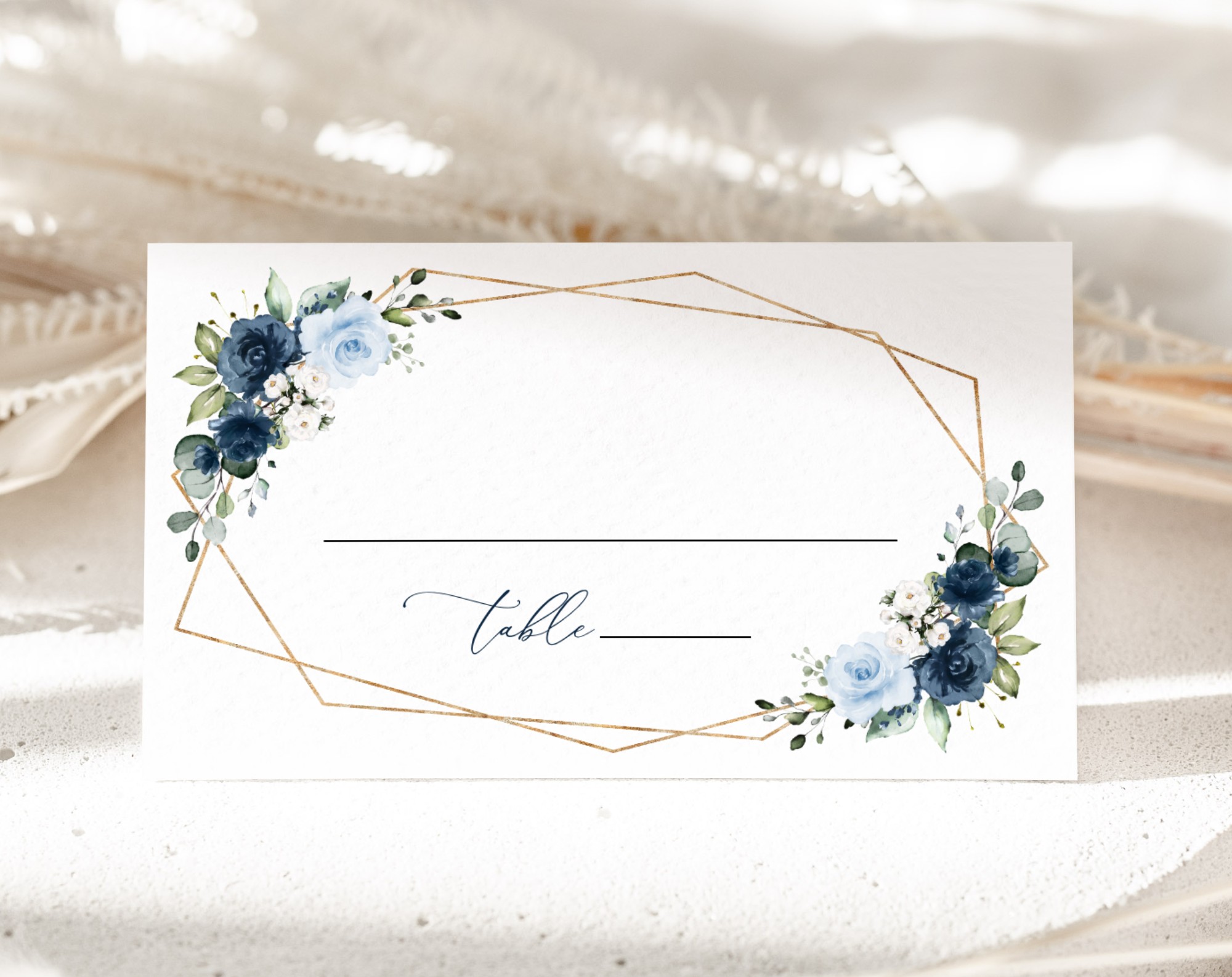 Navy and Blue Flowers Place Card, Wedding Stationery, Printable File, Edit Yourself, SH129
