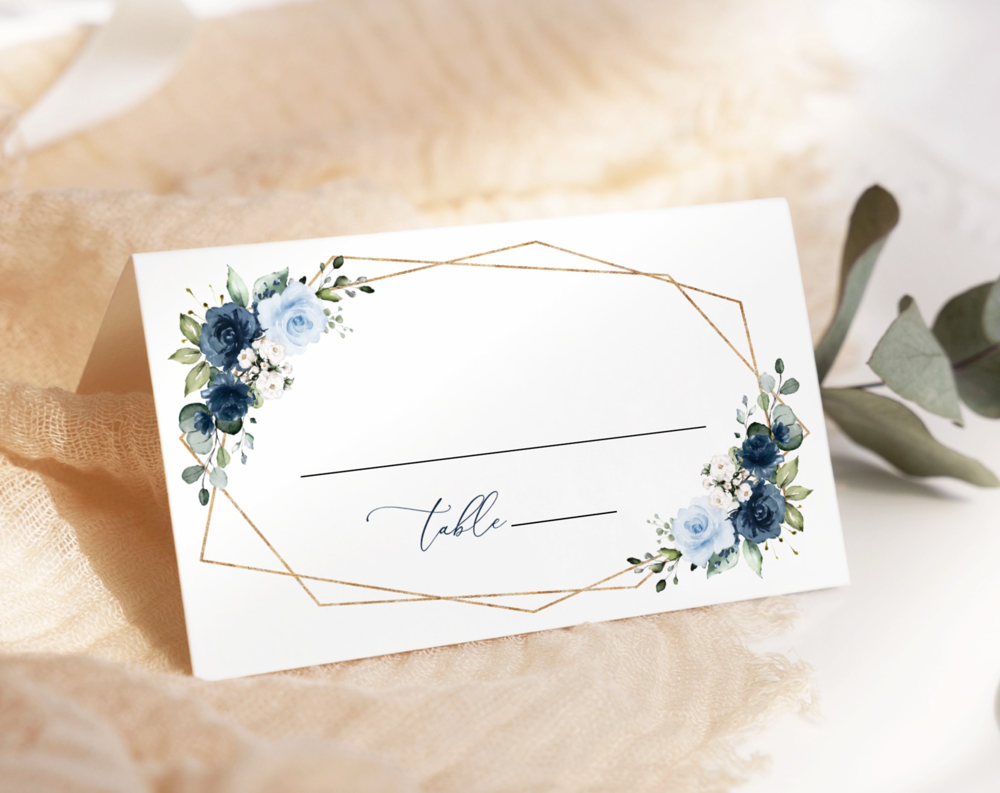 Navy and Blue Flowers Place Card, Wedding Stationery, Printable File, Edit Yourself, SH129