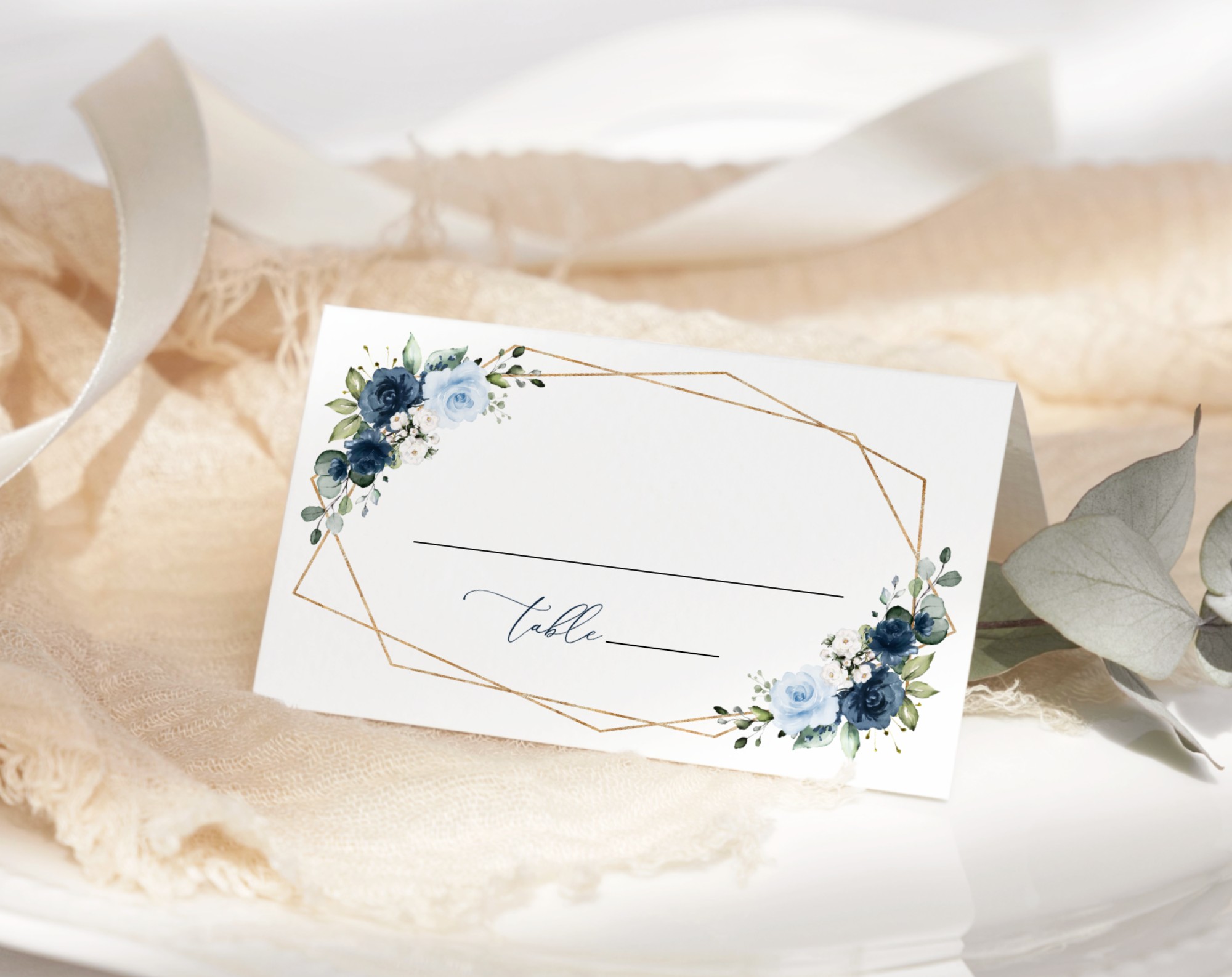 Navy and Blue Flowers Place Card, Wedding Stationery, Printable File, Edit Yourself, SH129