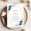 Navy and Blue Flowers Save the Date, Wedding Stationery, Printable File, Edit Yourself, SH129