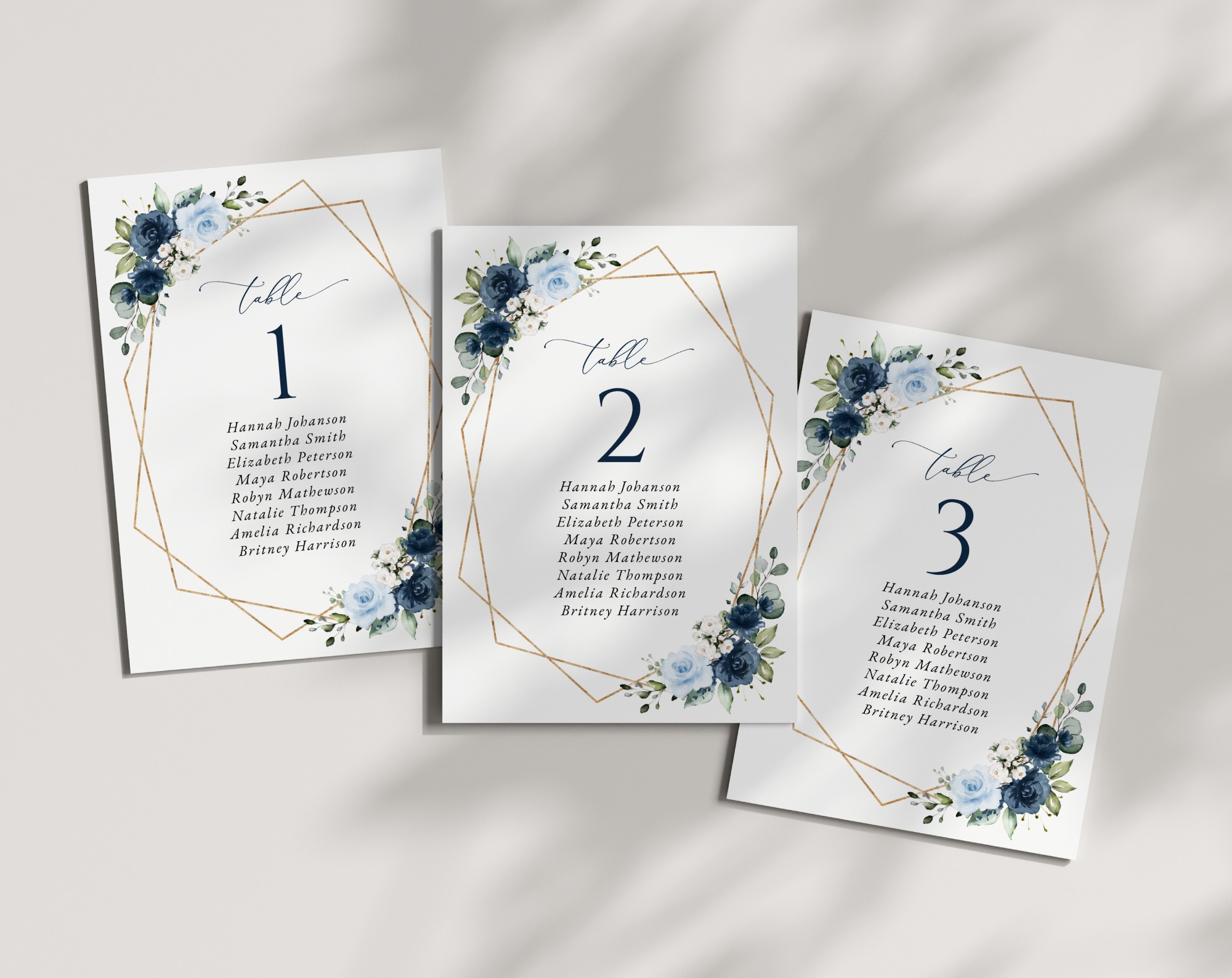 Navy and Blue Flowers Seating Cards, Wedding Stationery, Printable File, Edit Yourself, SH129