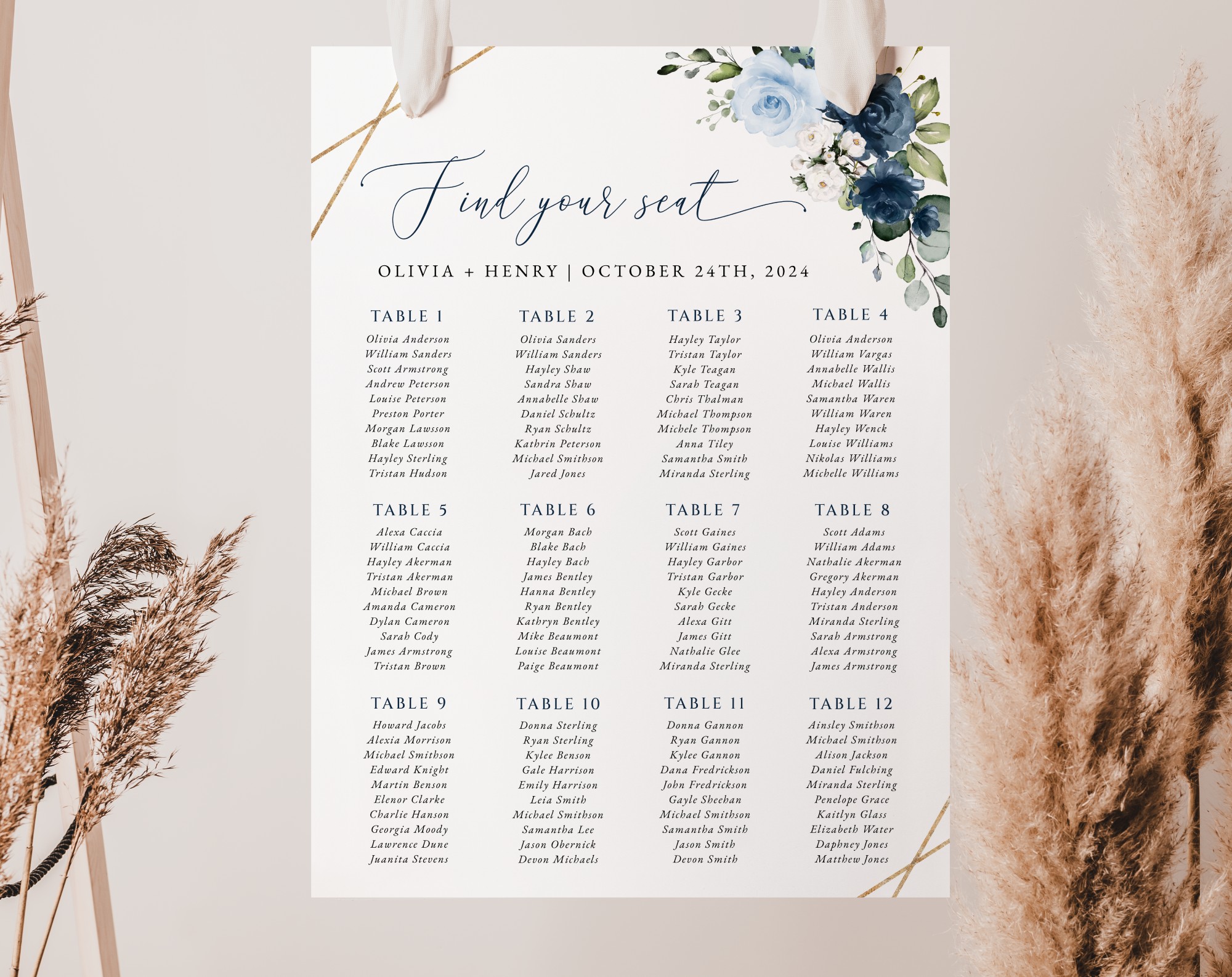 Navy and Blue Flowers Seating Chart, Wedding Sign, Printable File, Edit Yourself, SH129
