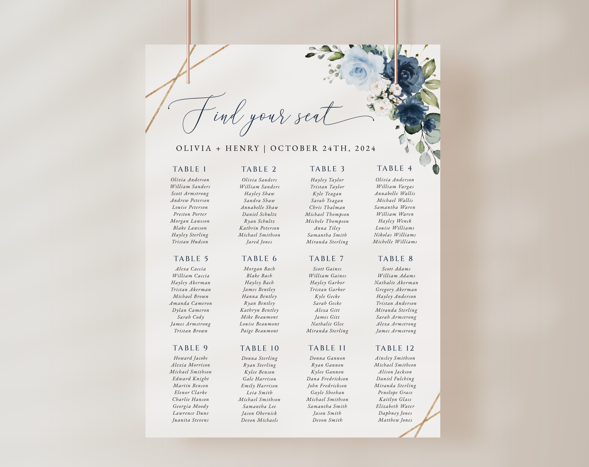Navy and Blue Flowers Seating Chart, Wedding Sign, Printable File, Edit Yourself, SH129