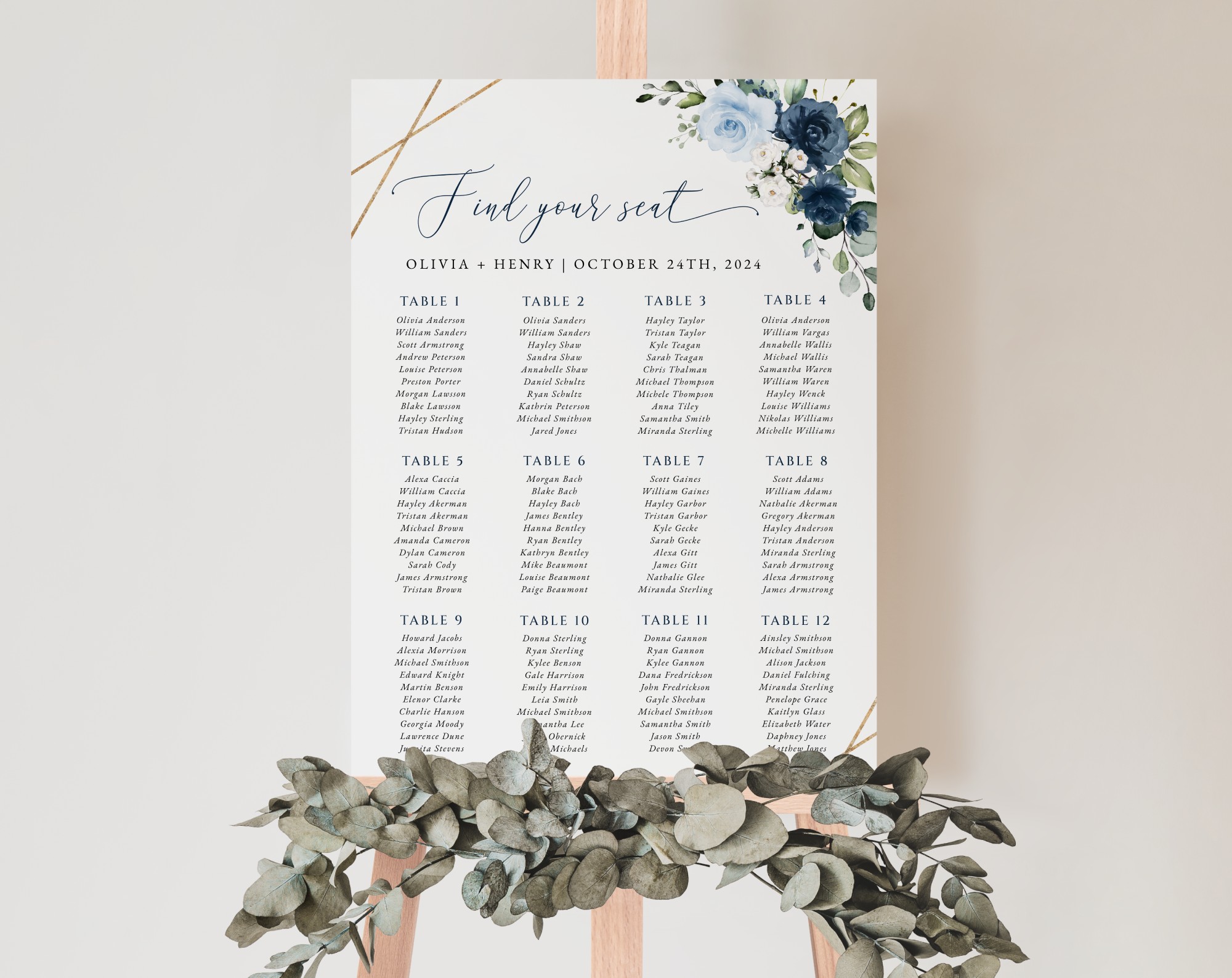 Navy and Blue Flowers Seating Chart, Wedding Sign, Printable File, Edit Yourself, SH129