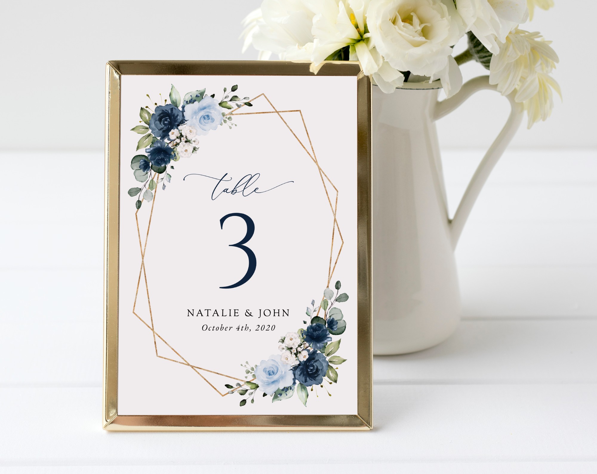 Navy and Blue Flowers Table Number Sign, Wedding Sign, Printable File, Edit Yourself, SH129