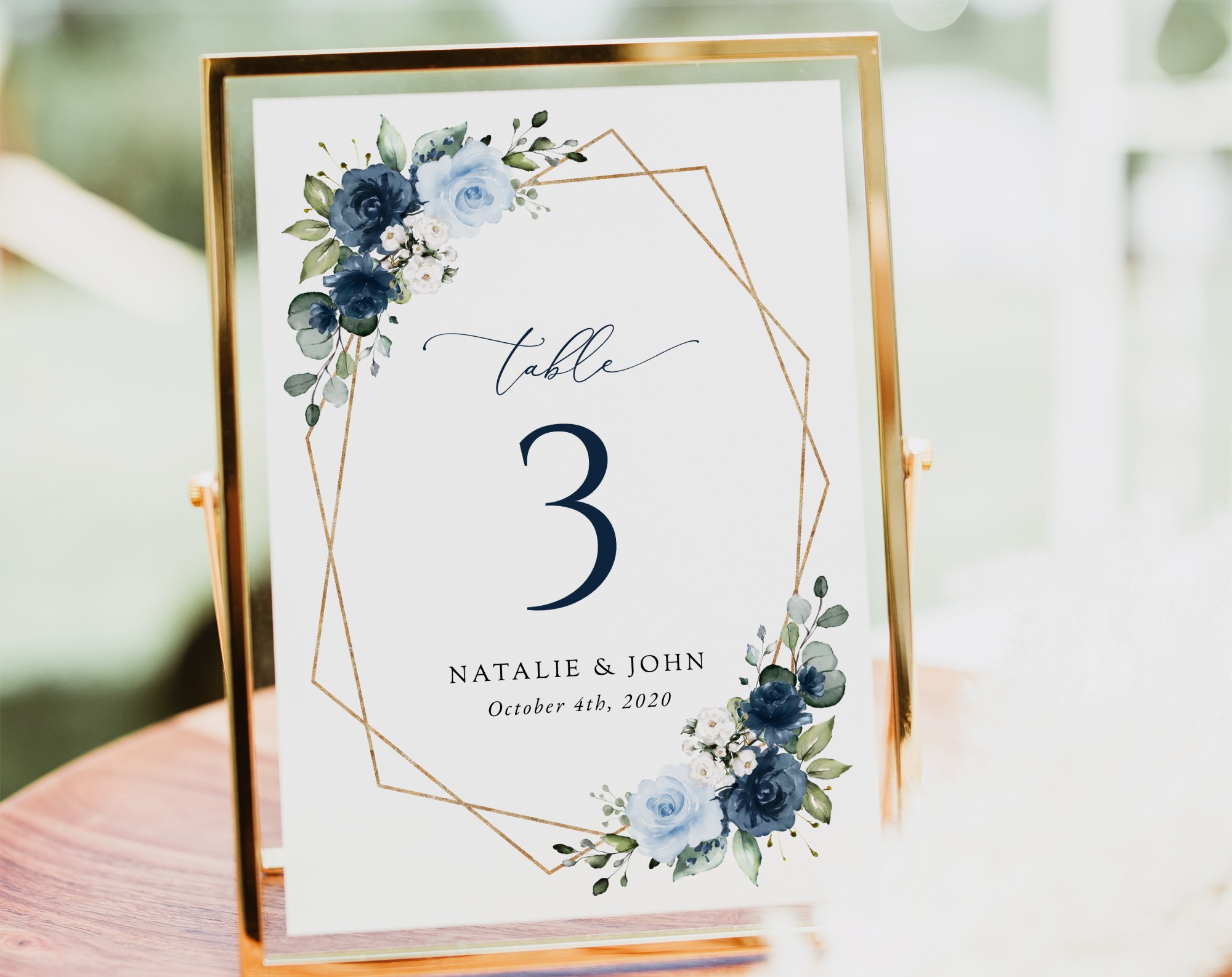 Navy and Blue Flowers Table Number Sign, Wedding Sign, Printable File, Edit Yourself, SH129