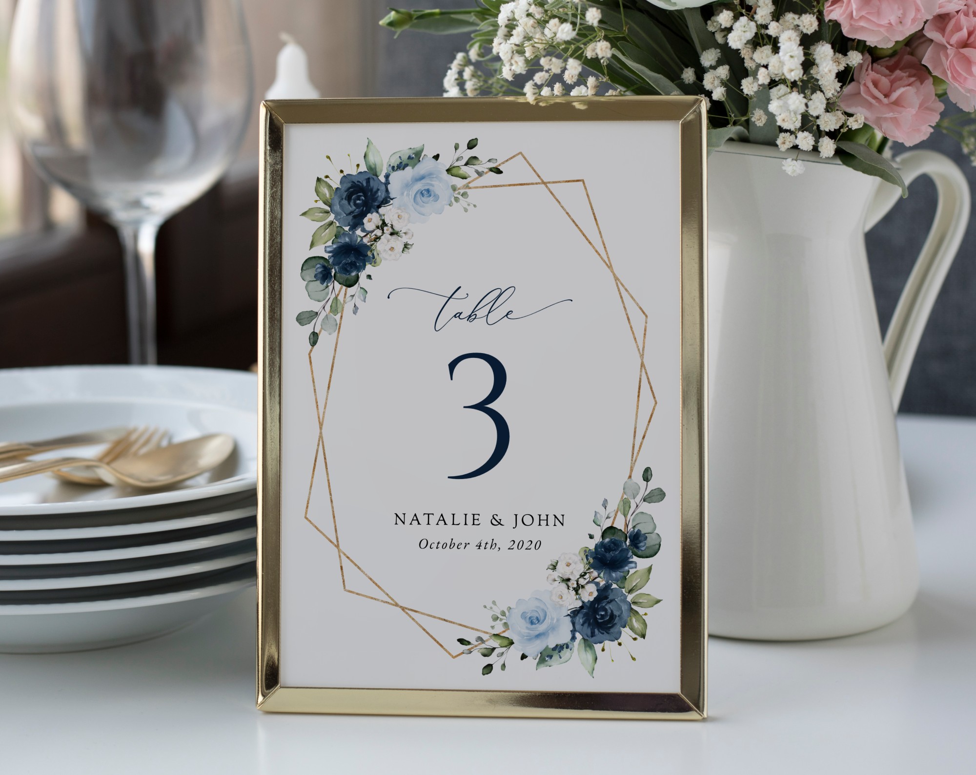 Navy and Blue Flowers Table Number Sign, Wedding Sign, Printable File, Edit Yourself, SH129
