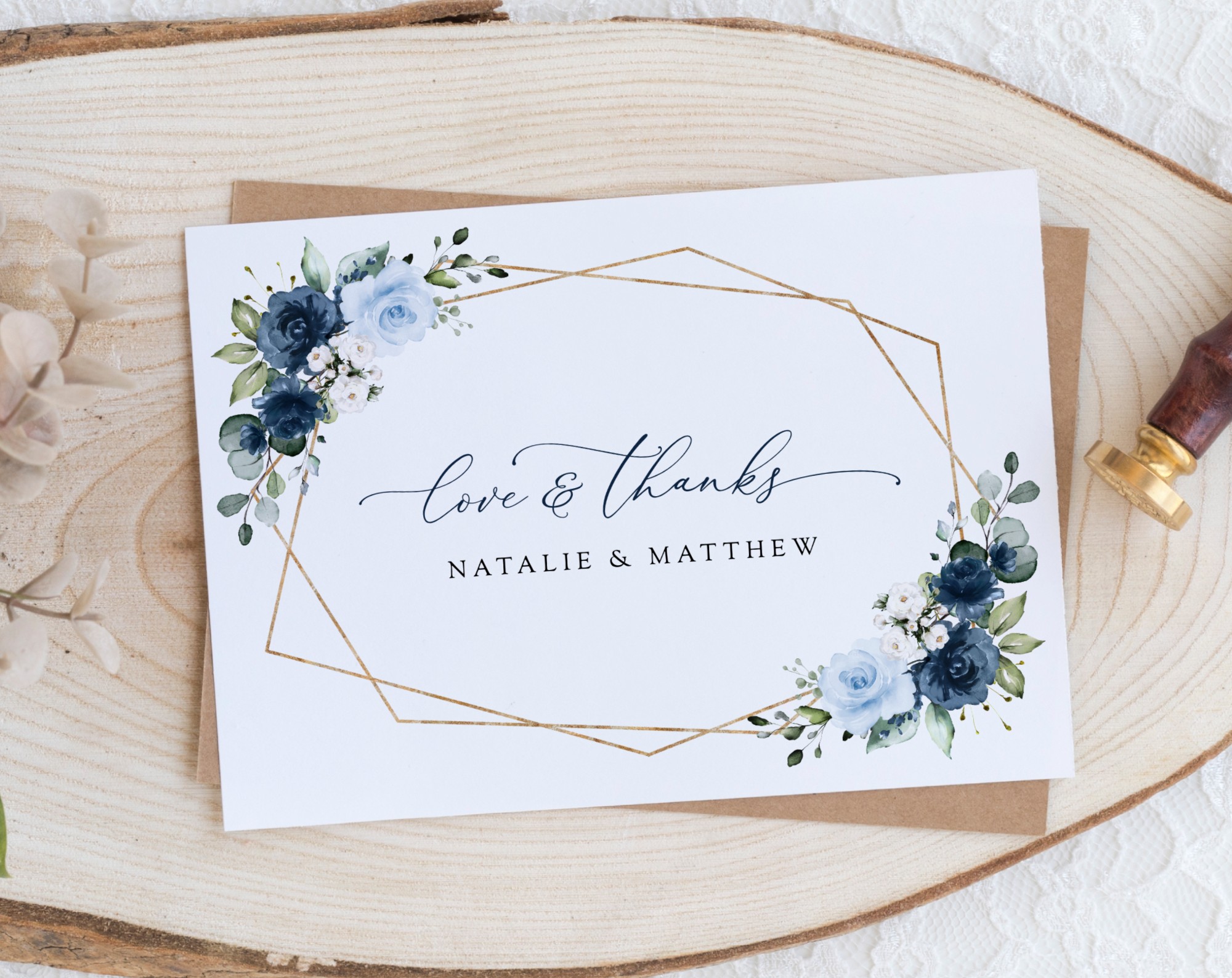 Navy and Blue Flowers Thank You Card, Wedding Stationery, Printable File, Edit Yourself, SH129