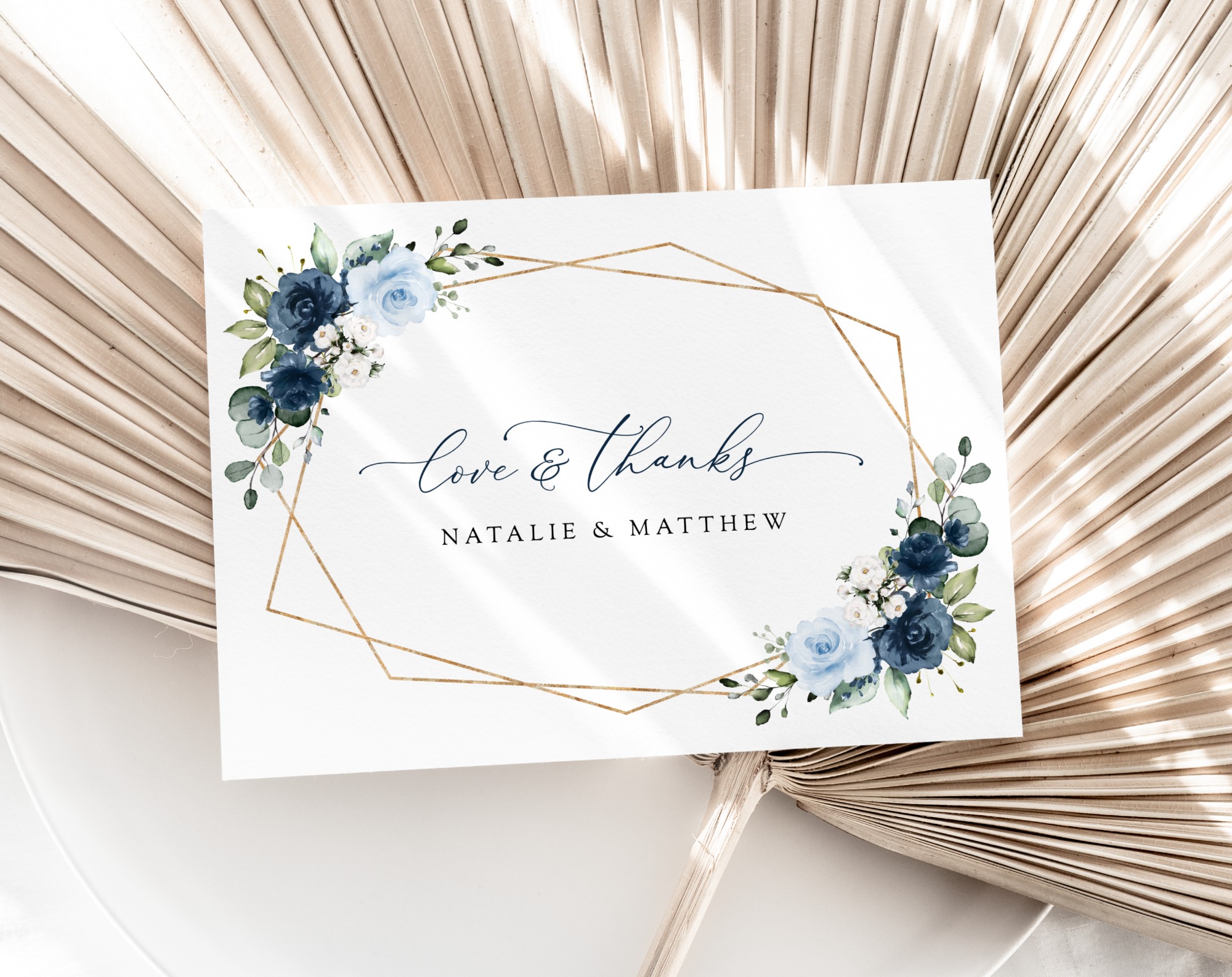 Navy and Blue Flowers Thank You Card, Wedding Stationery, Printable File, Edit Yourself, SH129