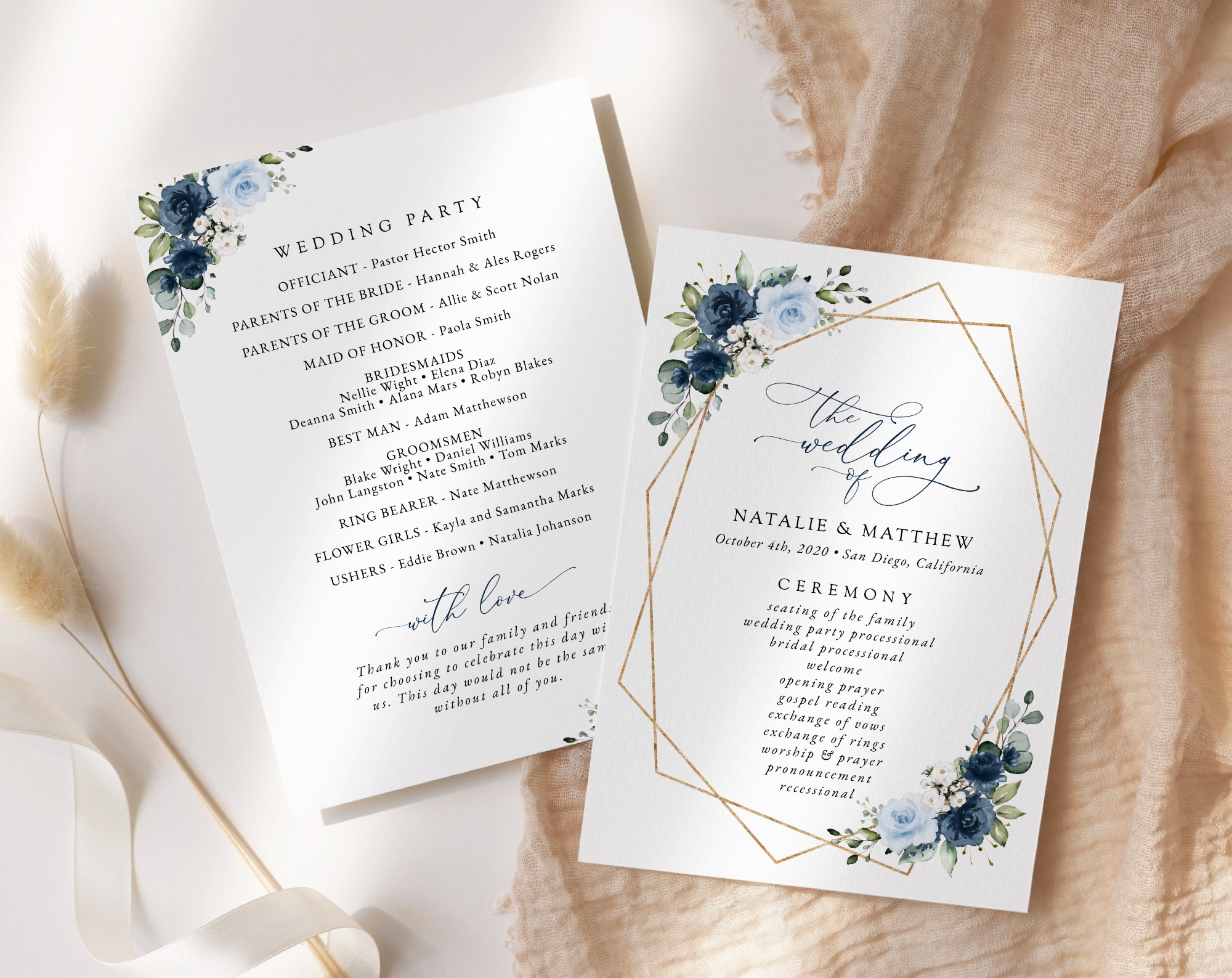 Navy and Blue Flowers Wedding Program, Wedding Stationery, Printable File, Edit Yourself, SH129