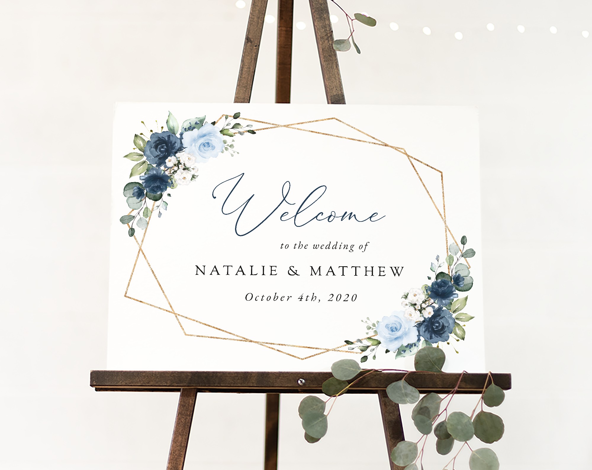 Navy and Blue Flowers Welcome Sign, Wedding Sign, Printable File, Edit Yourself, SH129