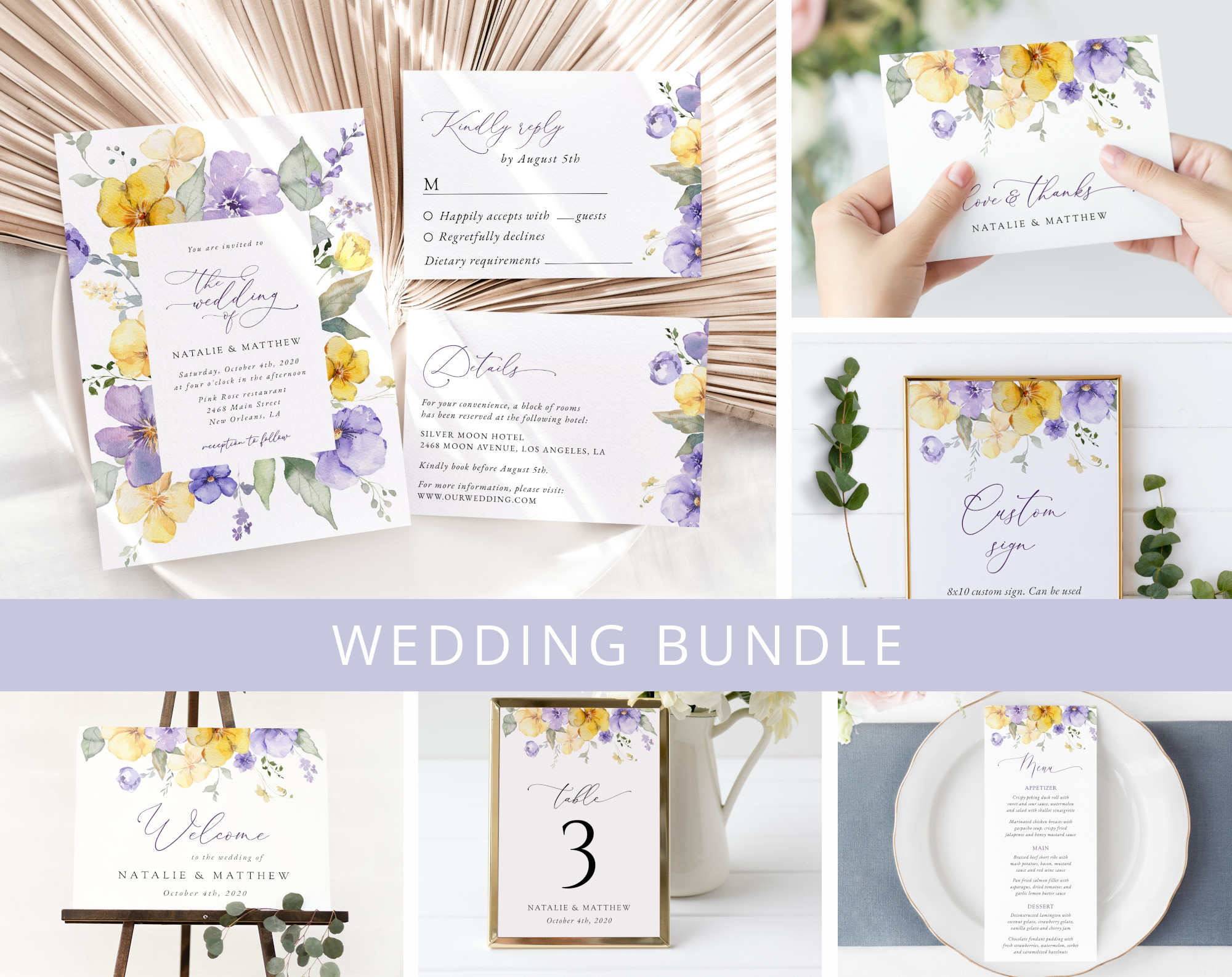 Purple and Yellow Flowers Wedding Bundle, Printable File, Edit Yourself, SH130