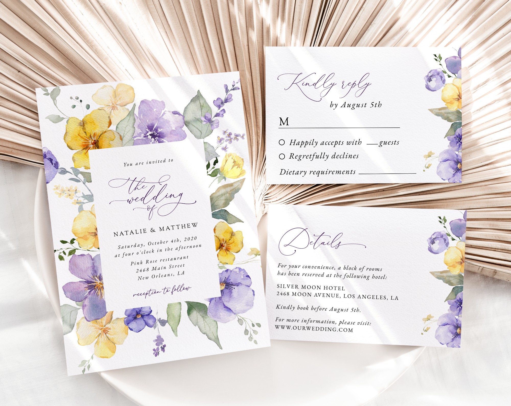 Purple and Yellow Flowers Wedding Invitation Suite, Wedding Stationery, Printable File, Edit Yourself, SH130