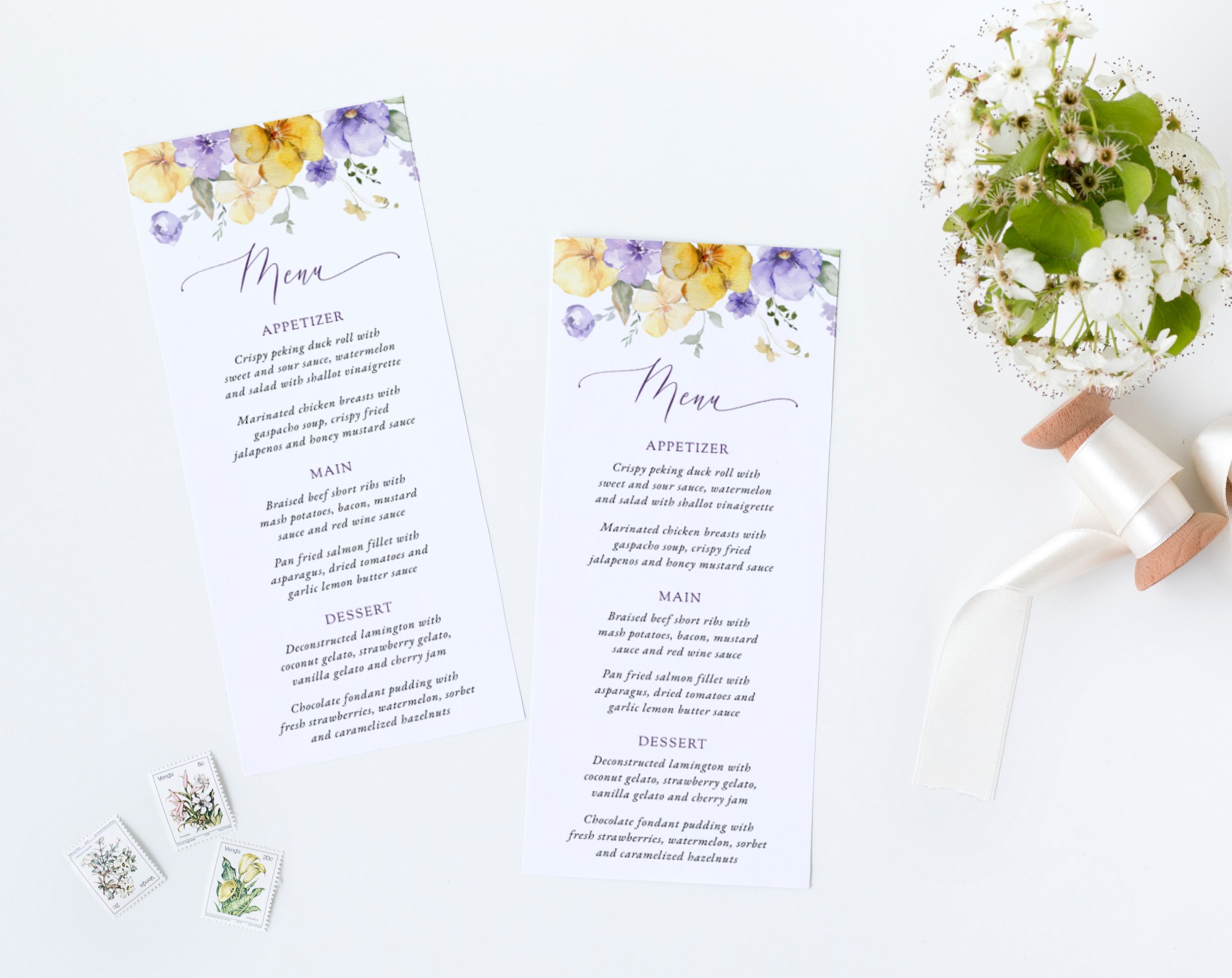 Purple and Yellow Flowers Wedding Menu, Wedding Stationery, Printable File, Edit Yourself, SH130