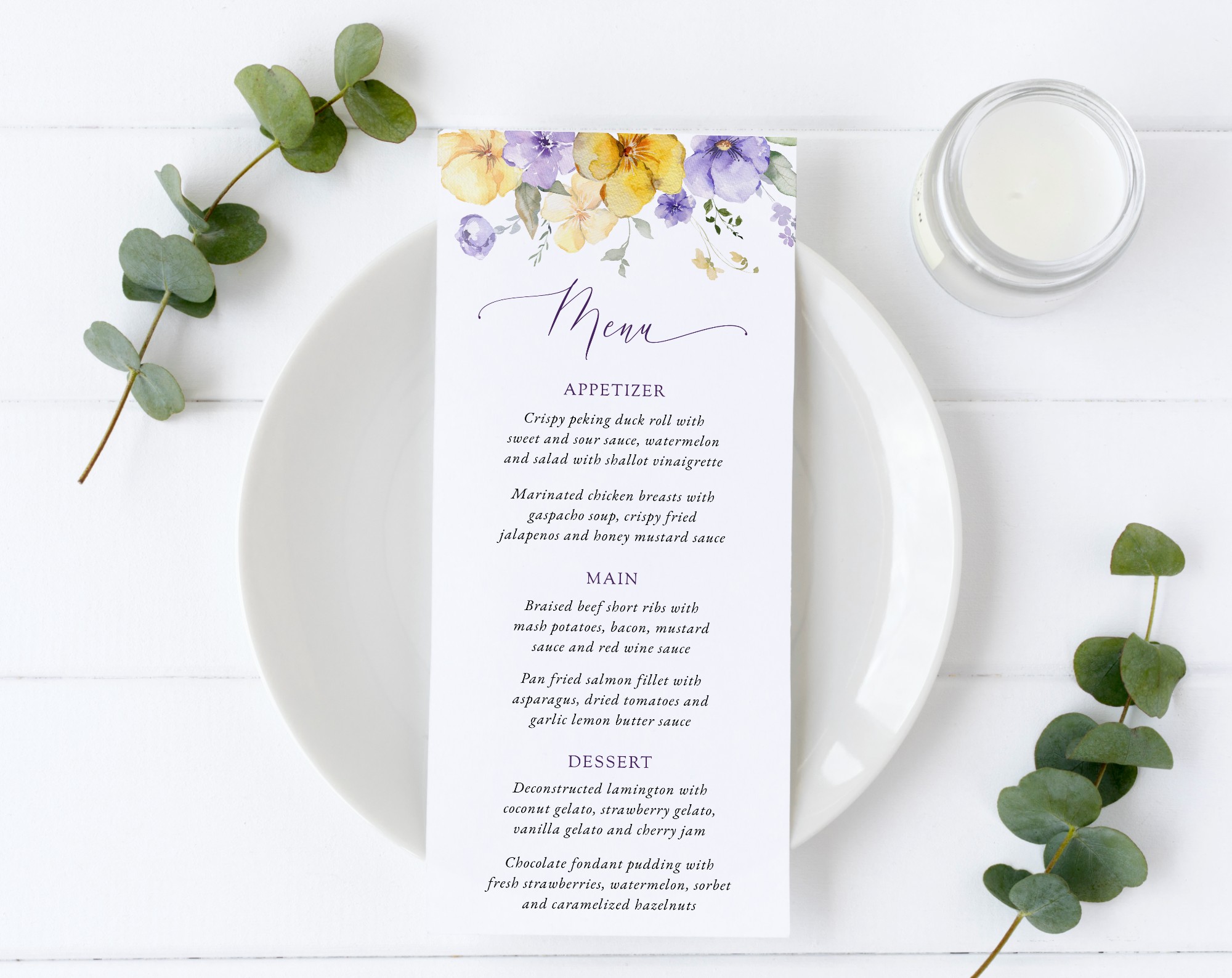 Purple and Yellow Flowers Wedding Menu, Wedding Stationery, Printable File, Edit Yourself, SH130