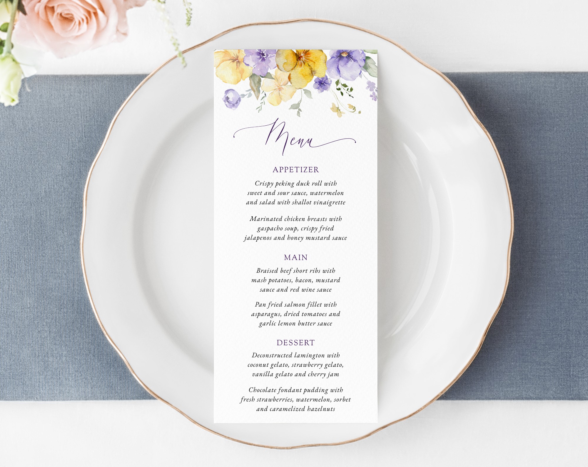 Purple and Yellow Flowers Wedding Menu, Wedding Stationery, Printable File, Edit Yourself, SH130