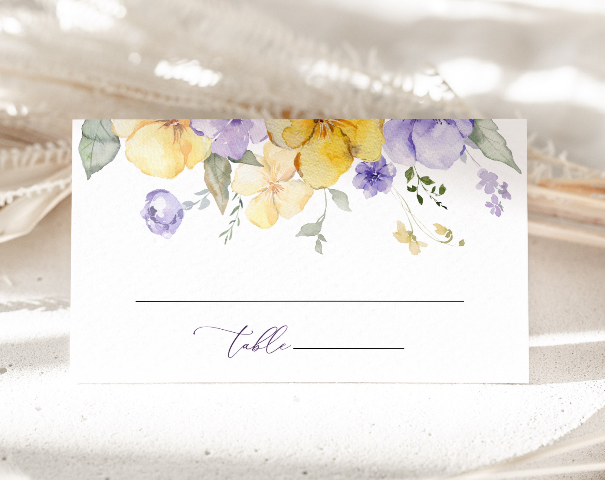 Purple and Yellow Flowers Place Card, Wedding Stationery, Printable File, Edit Yourself, SH130