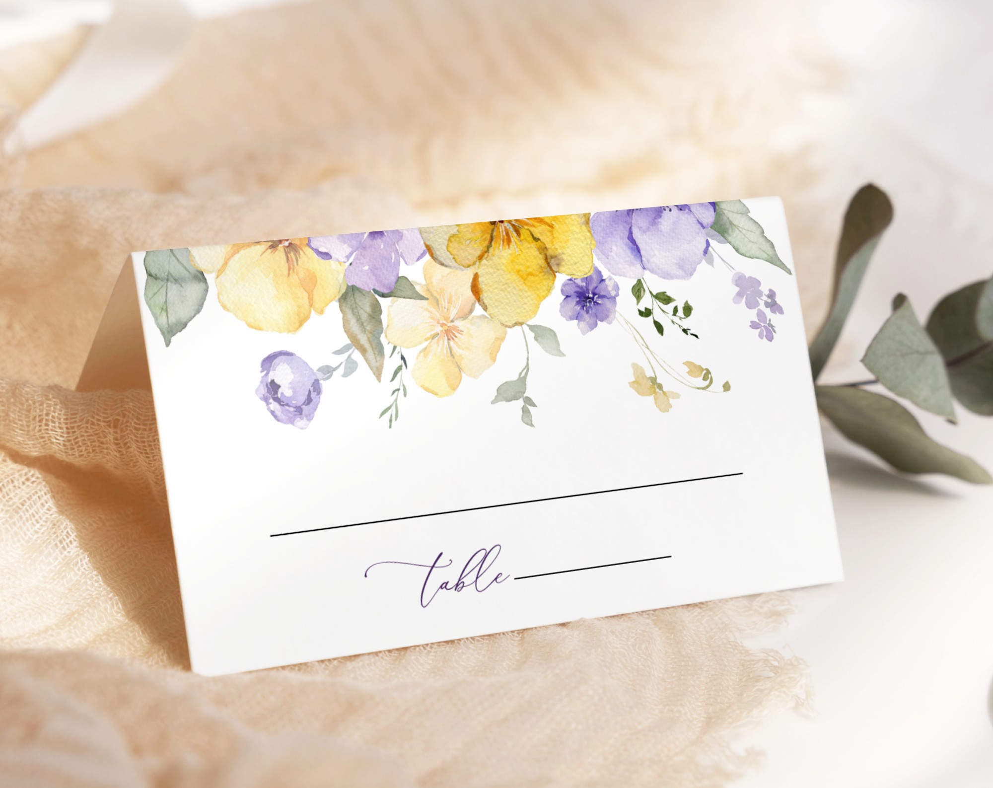 Purple and Yellow Flowers Place Card, Wedding Stationery, Printable File, Edit Yourself, SH130