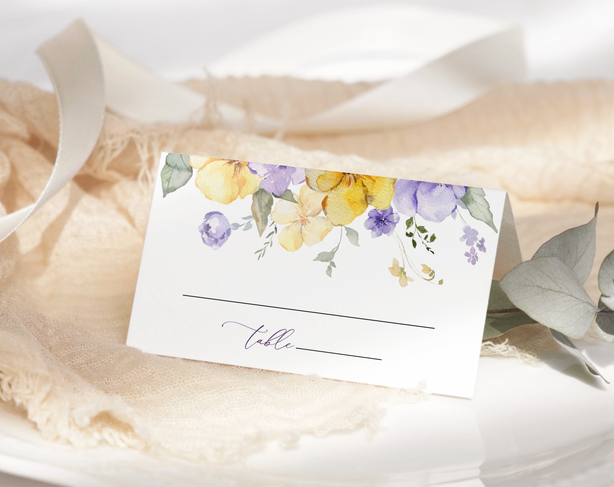 Purple and Yellow Flowers Place Card, Wedding Stationery, Printable File, Edit Yourself, SH130