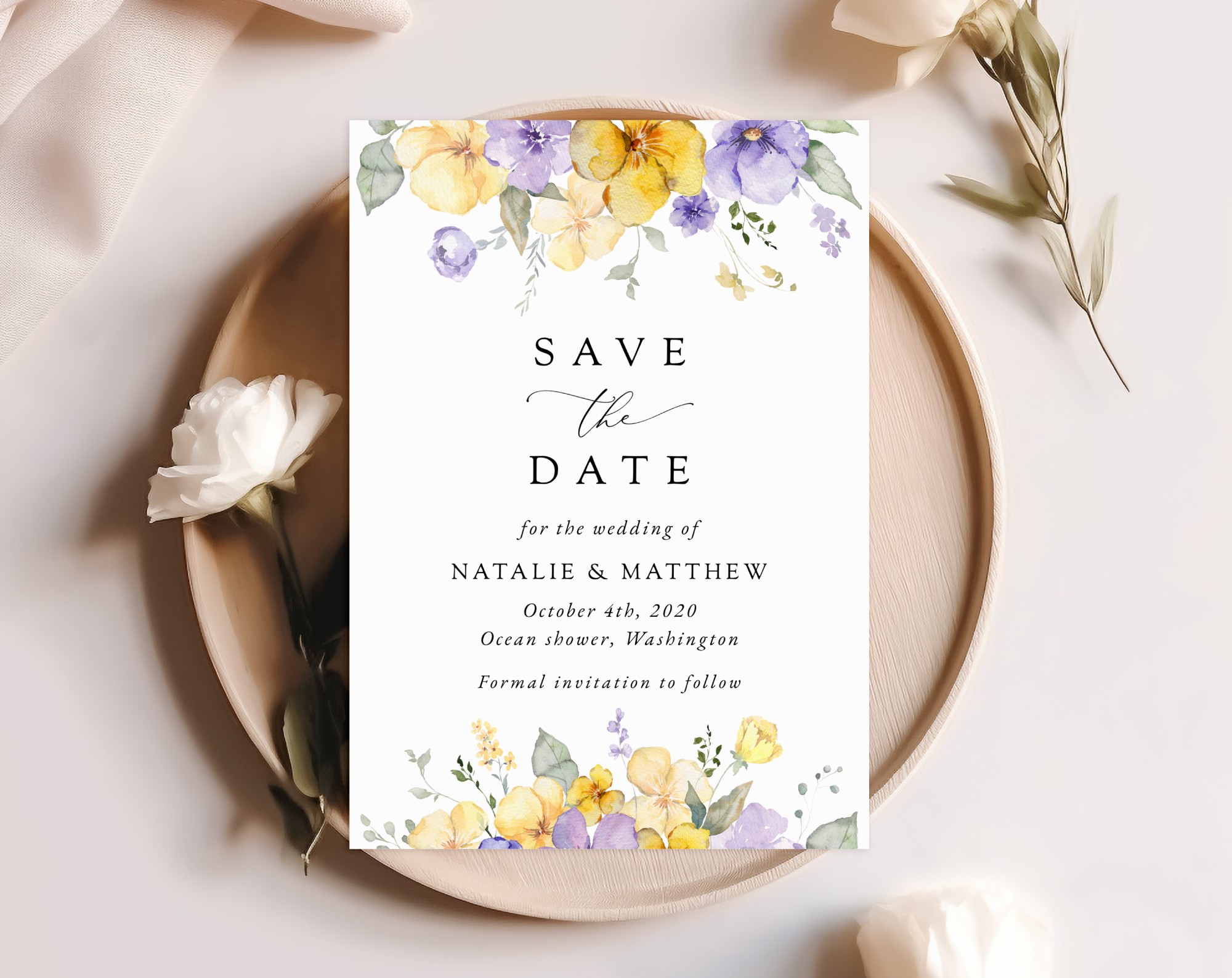 Purple and Yellow Flowers Save the Date, Wedding Stationery, Printable File, Edit Yourself, SH130