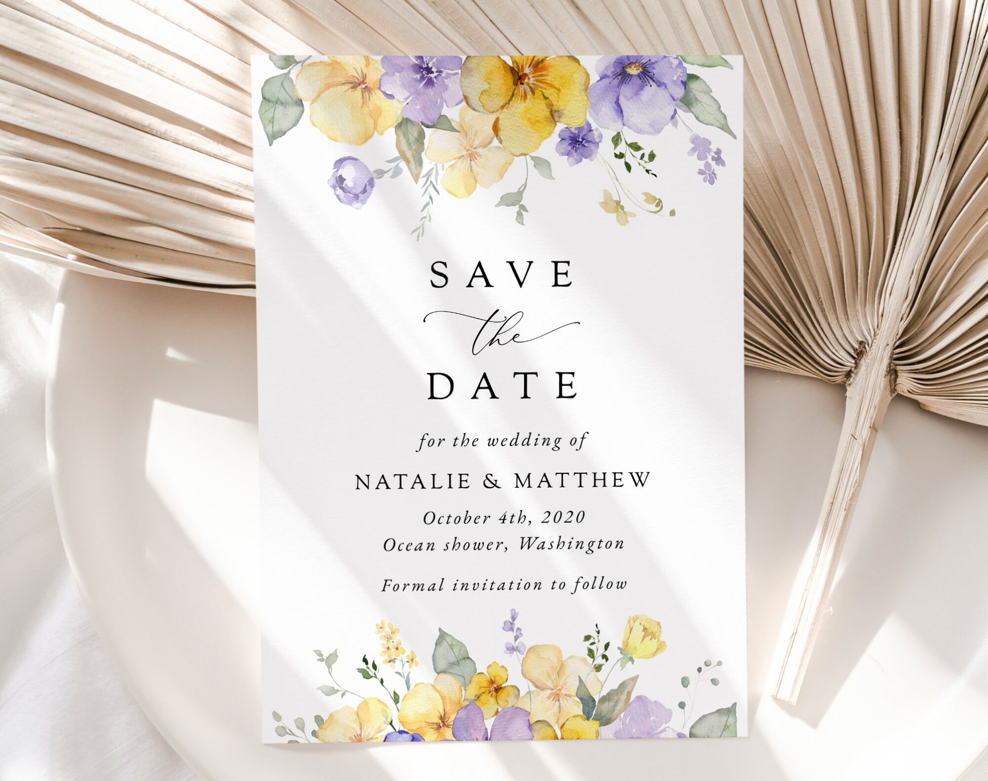 Purple and Yellow Flowers Save the Date, Wedding Stationery, Printable File, Edit Yourself, SH130