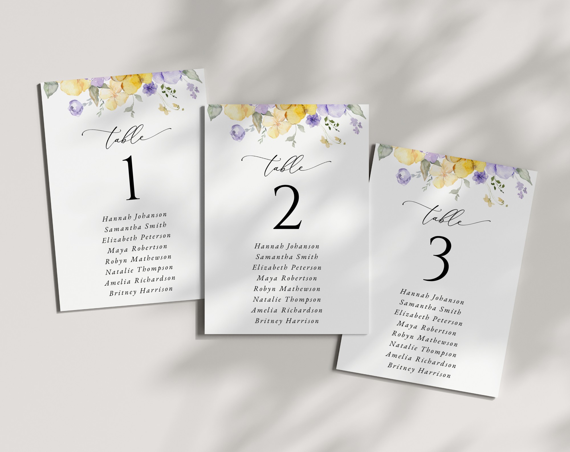Purple and Yellow Flowers Seating Cards, Wedding Stationery, Printable File, Edit Yourself, SH130