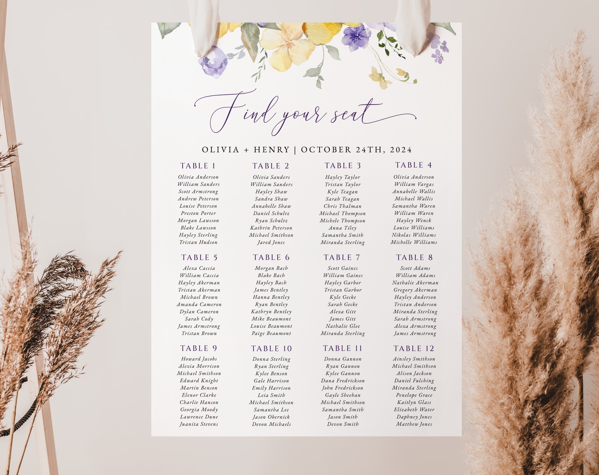 Purple and Yellow Flowers Seating Chart, Wedding Sign, Printable File, Edit Yourself, SH130