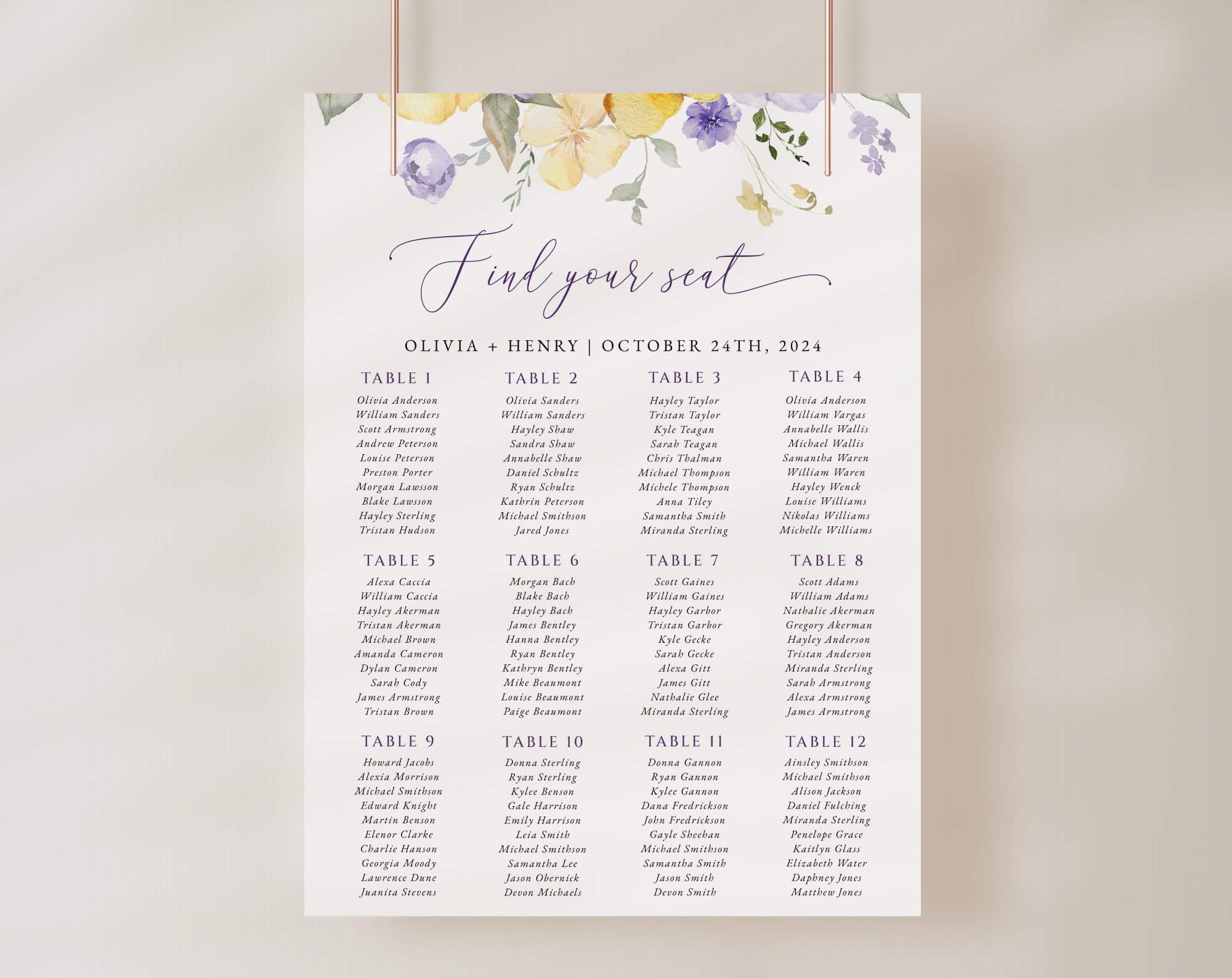 Purple and Yellow Flowers Seating Chart, Wedding Sign, Printable File, Edit Yourself, SH130