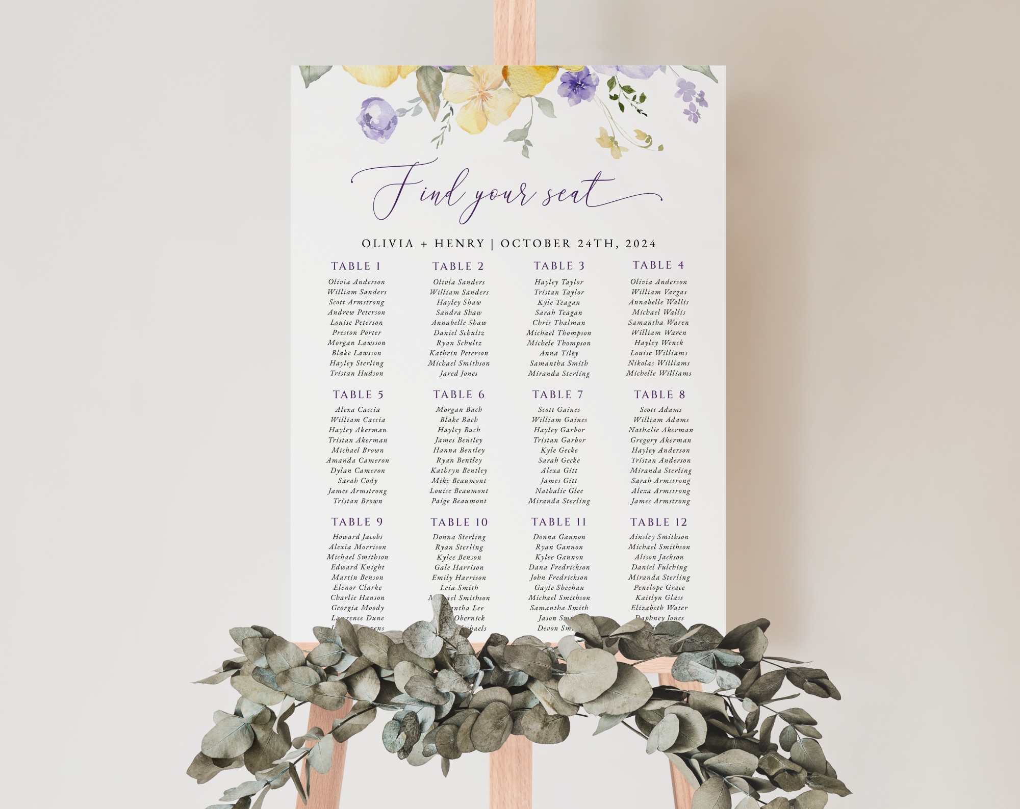 Purple and Yellow Flowers Seating Chart, Wedding Sign, Printable File, Edit Yourself, SH130